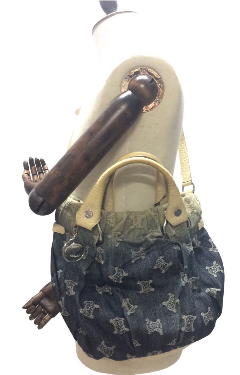 Celine Celine Blue Macadam Denim And Croc Embossed Leather Tote Size ONE SIZE - 2 Thumbnail