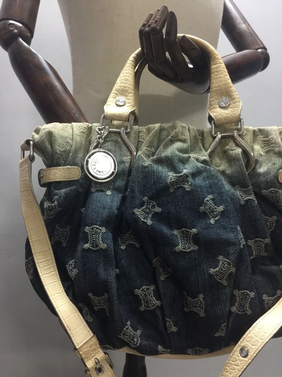 Celine Celine Blue Macadam Denim And Croc Embossed Leather Tote Size ONE SIZE - 4 Thumbnail