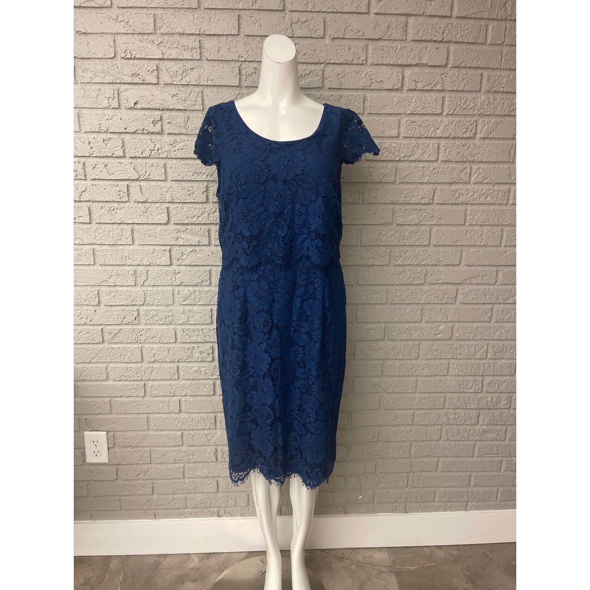 Jacques Vert Navy Floral Lace Overlay Sheath Dress 12
