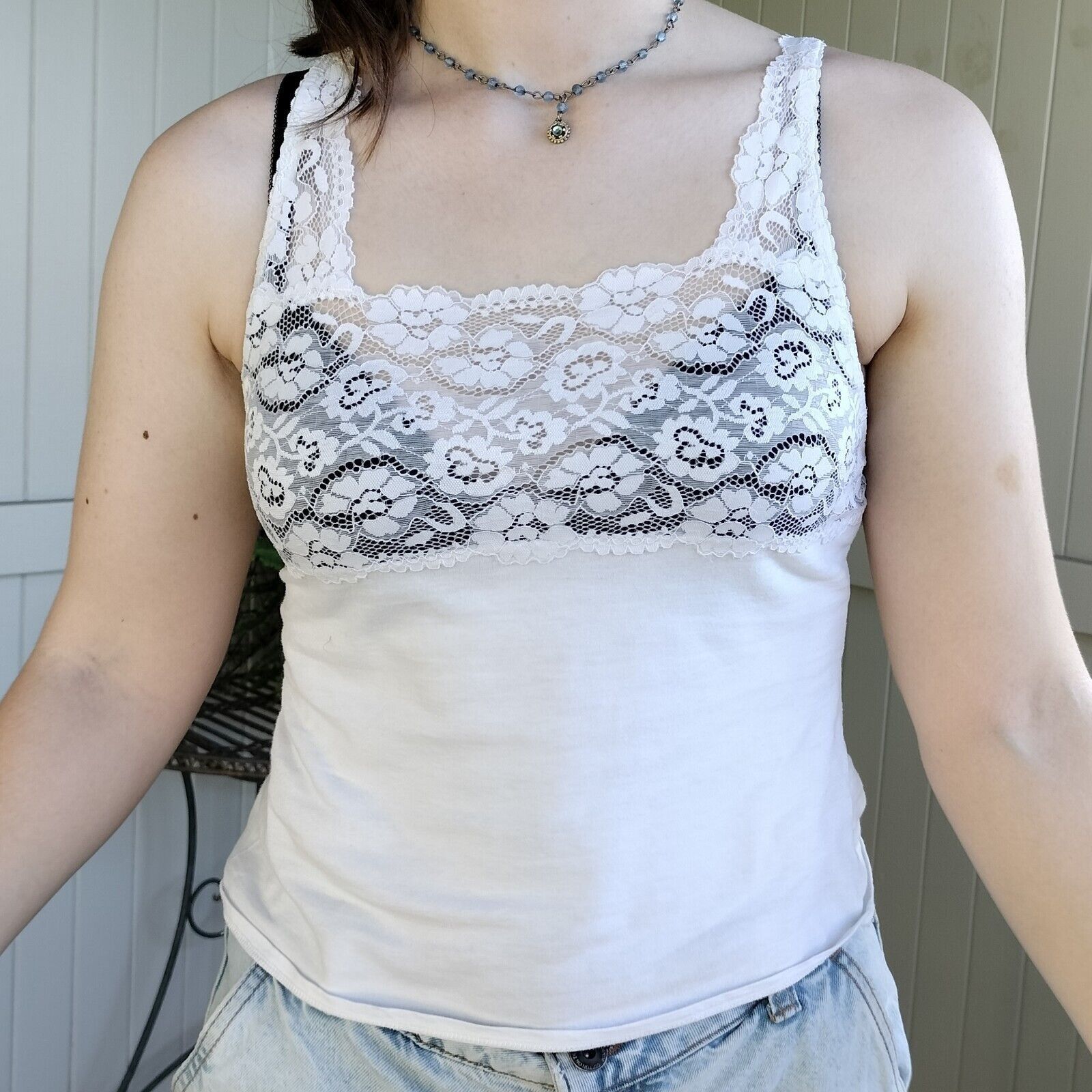 Other × Vintage Vintage Y2K 2000s Top Floral Cami Tank Lace Mesh Lingerie Size M / US 6-8 / IT 42-44 - 2 Thumbnail