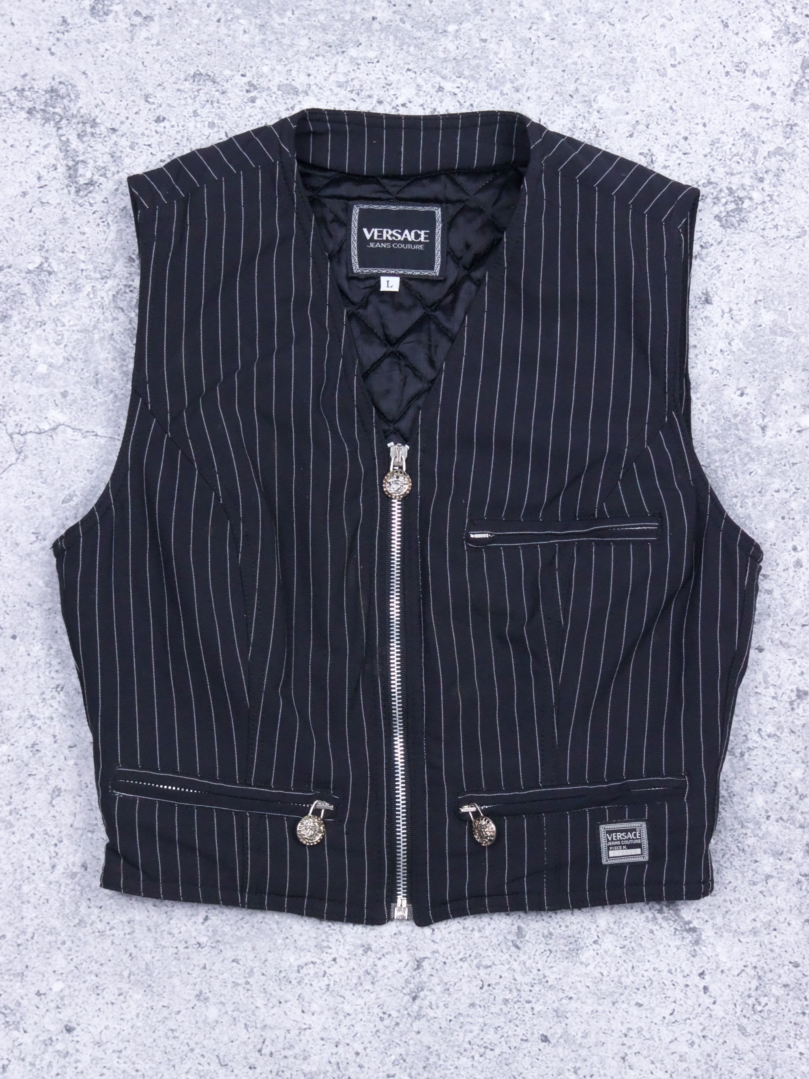 Versace × Versace Jeans Couture 90s Versace Stripe Zip Vest Size US L / EU 52-54 / 3 - 1 Thumbnail