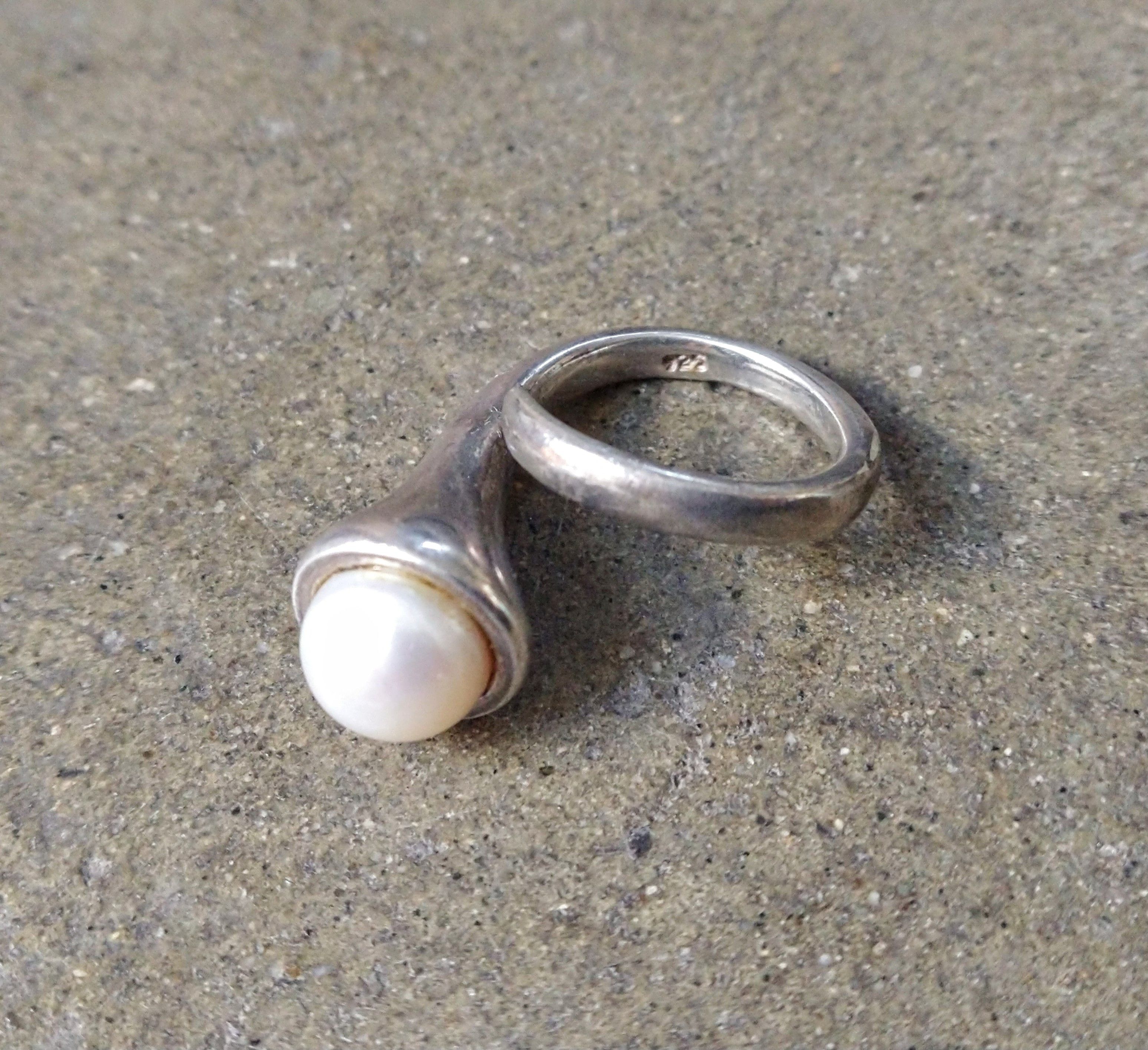 Avant Garde x Jewelry Vintage Sterling Silver Ring Pearl Size 8 Modern Abstract, Men's