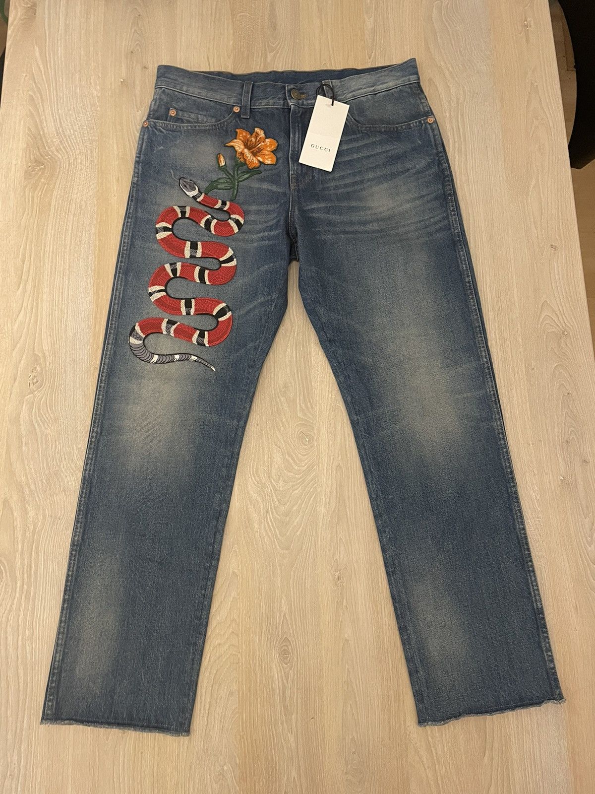 Gucci Gucci Snake Embroidered Blue Denim Jeans | Grailed