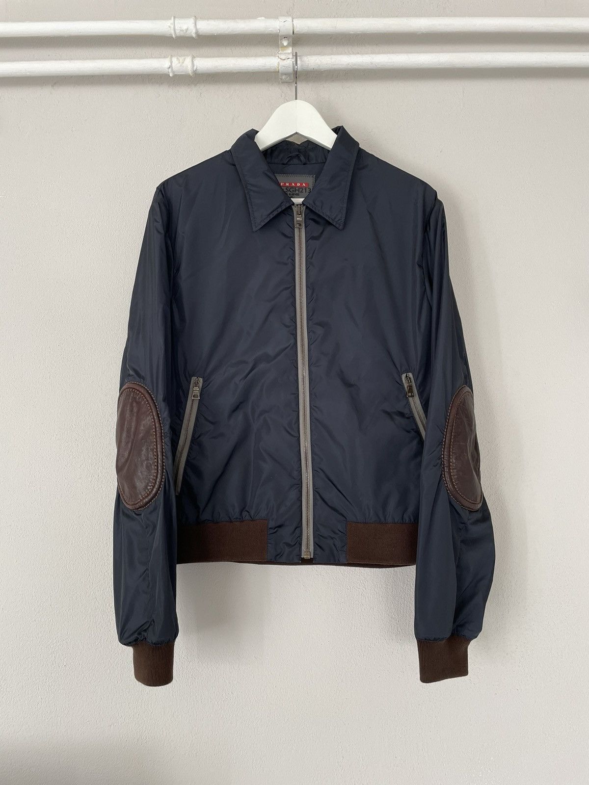 image of Prada Black Nylon Jacket With Leather Elbow Pads, Men's (Size Medium)