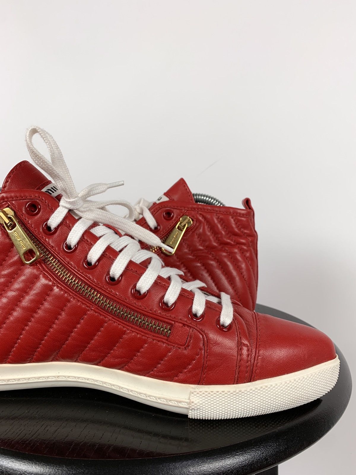Miu Miu Miu Miu Quilted Red Leather Hi Top Sneakers Size US 7.5 / IT 37.5 - 15 Thumbnail