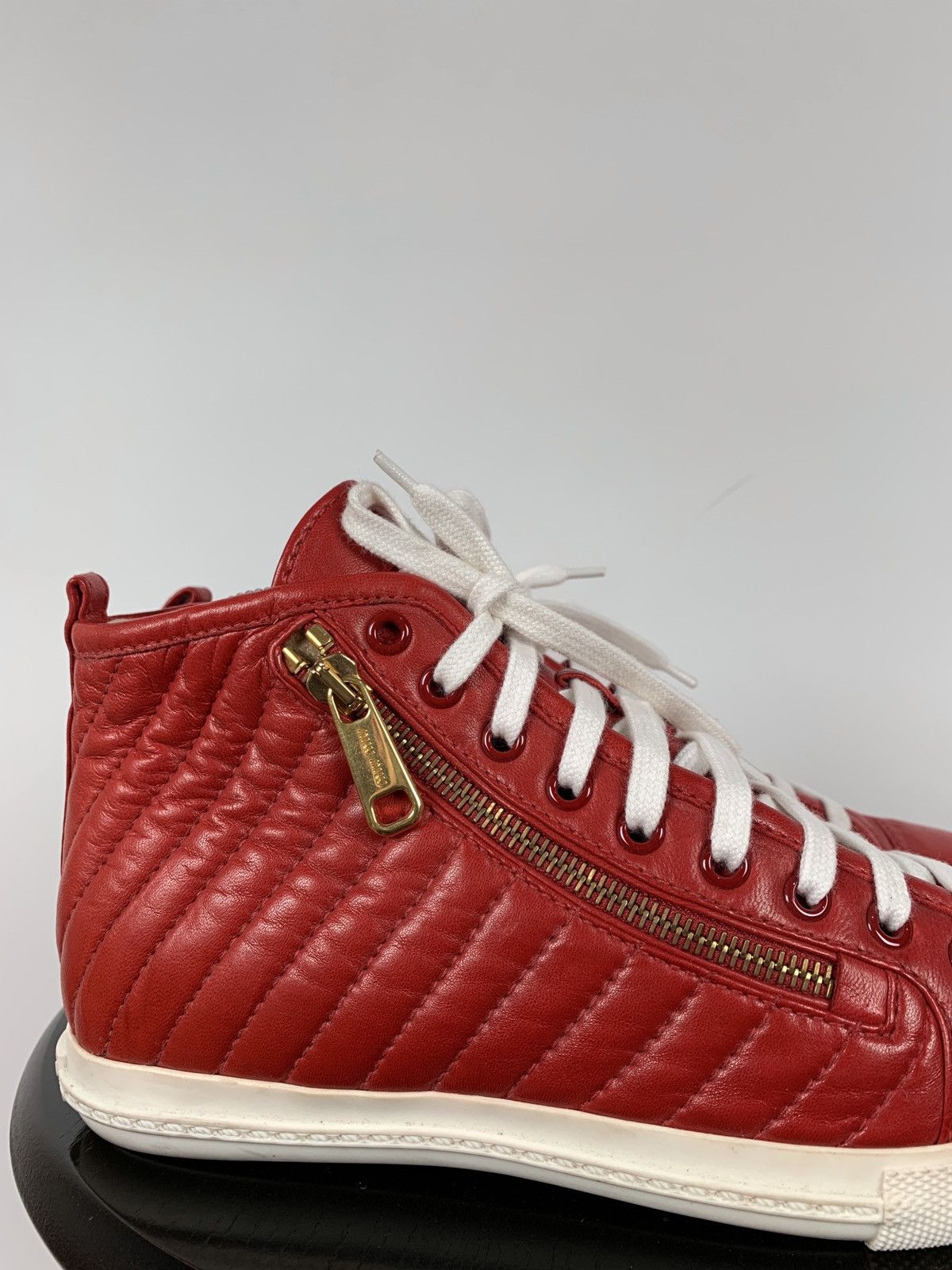 Miu Miu Miu Miu Quilted Red Leather Hi Top Sneakers Size US 7.5 / IT 37.5 - 12 Thumbnail
