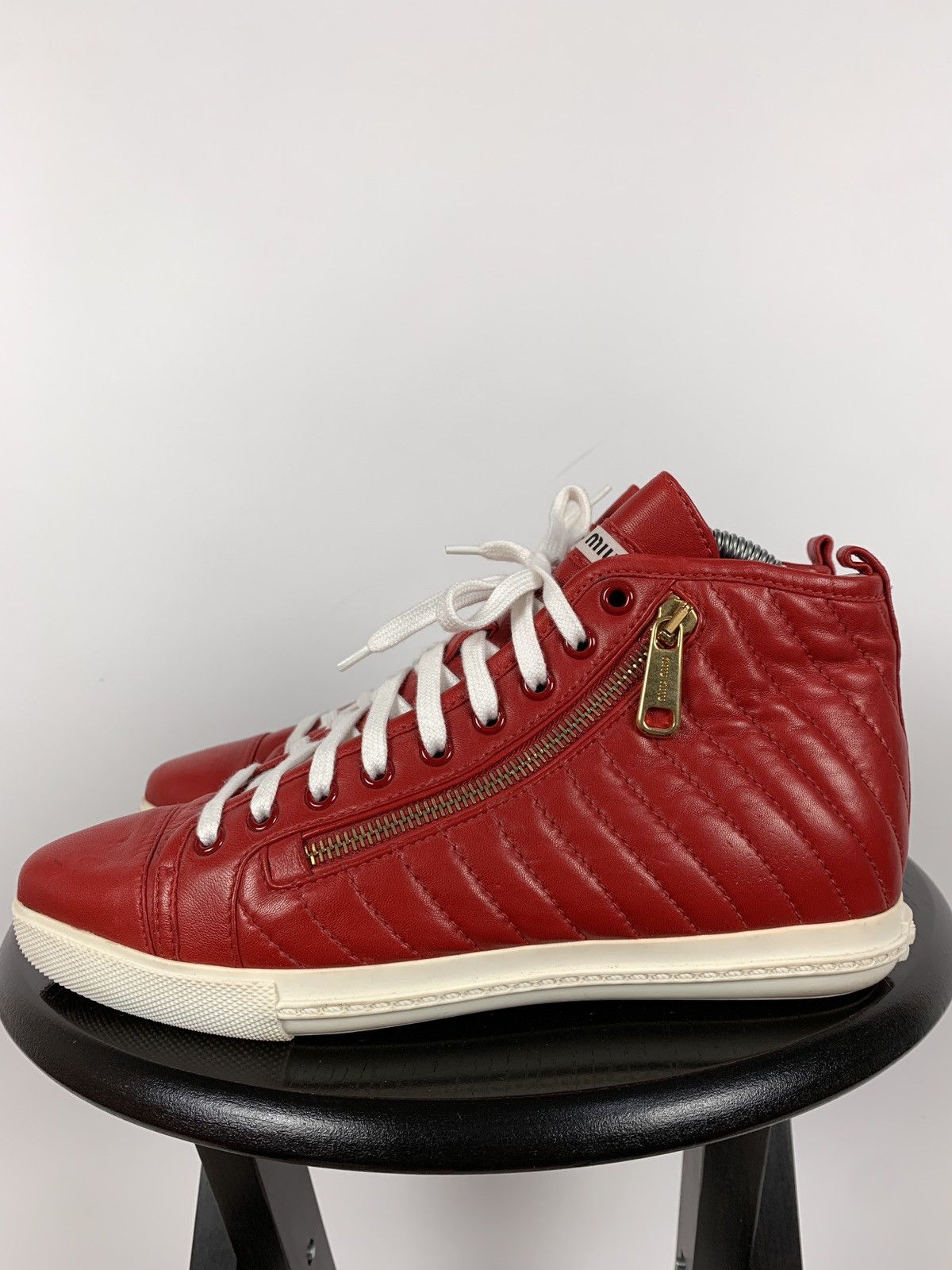 Miu Miu Miu Miu Quilted Red Leather Hi Top Sneakers Size US 7.5 / IT 37.5 - 1 Thumbnail