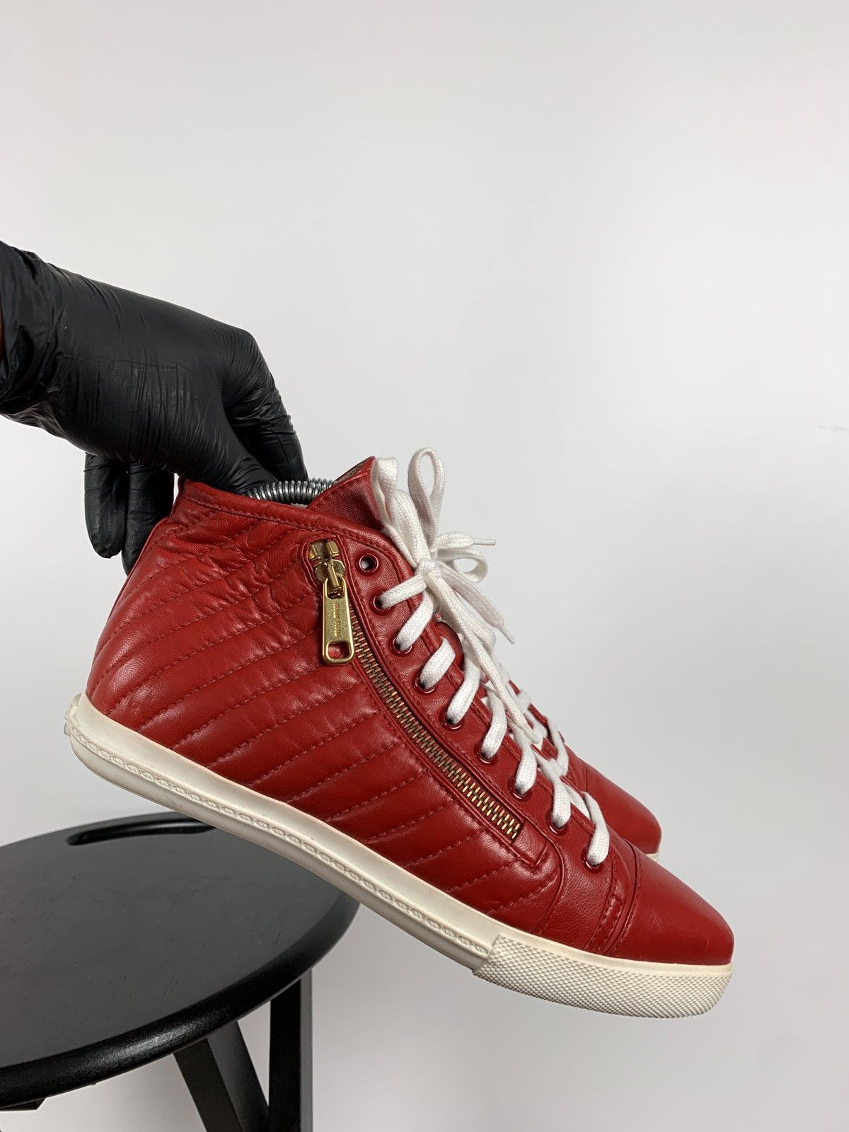 Miu Miu Miu Miu Quilted Red Leather Hi Top Sneakers Size US 7.5 / IT 37.5 - 7 Thumbnail