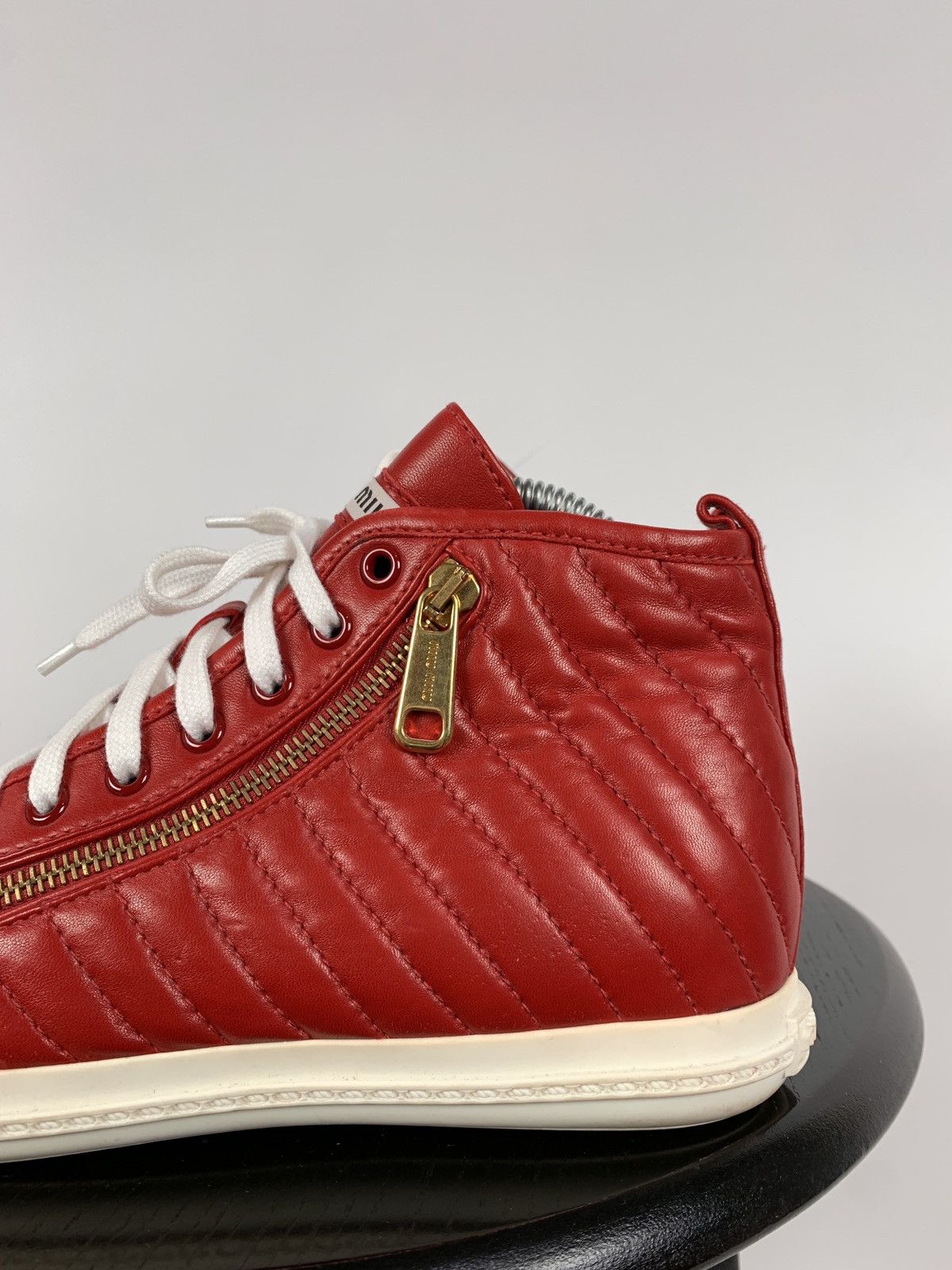 Miu Miu Miu Miu Quilted Red Leather Hi Top Sneakers Size US 7.5 / IT 37.5 - 11 Thumbnail