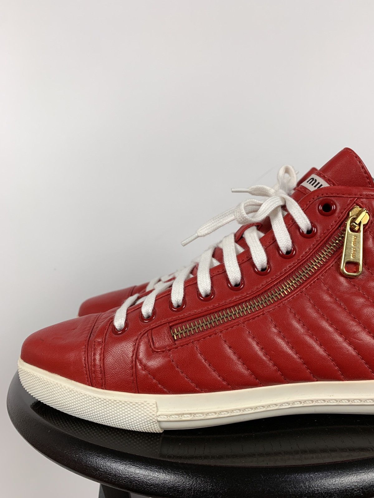 Miu Miu Miu Miu Quilted Red Leather Hi Top Sneakers Size US 7.5 / IT 37.5 - 10 Thumbnail