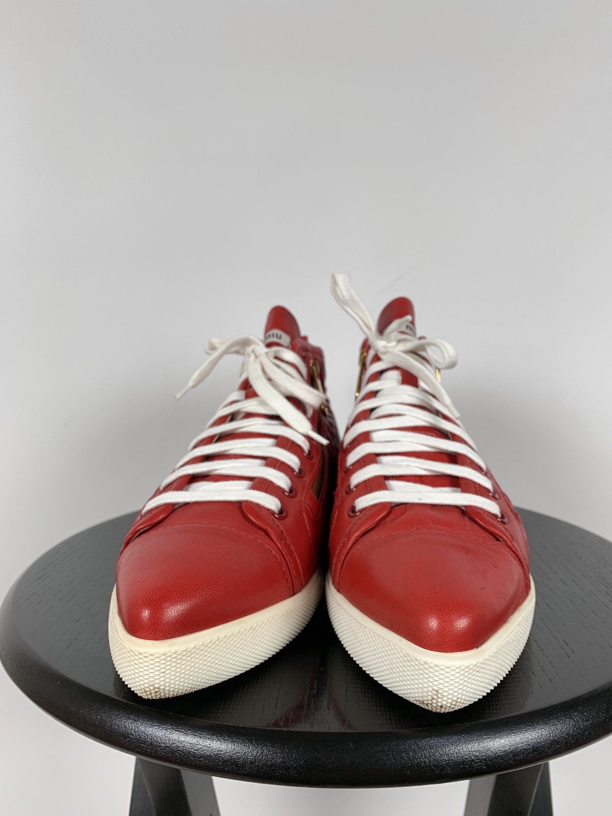 Miu Miu Miu Miu Quilted Red Leather Hi Top Sneakers Size US 7.5 / IT 37.5 - 9 Thumbnail