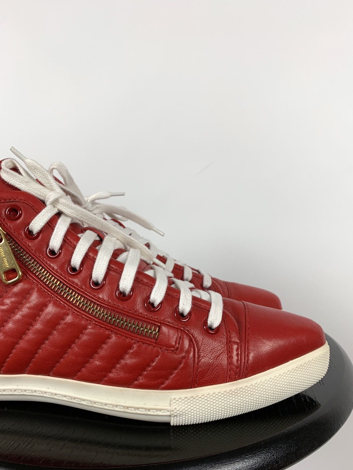 Miu Miu Miu Miu Quilted Red Leather Hi Top Sneakers Size US 7.5 / IT 37.5 - 13 Thumbnail