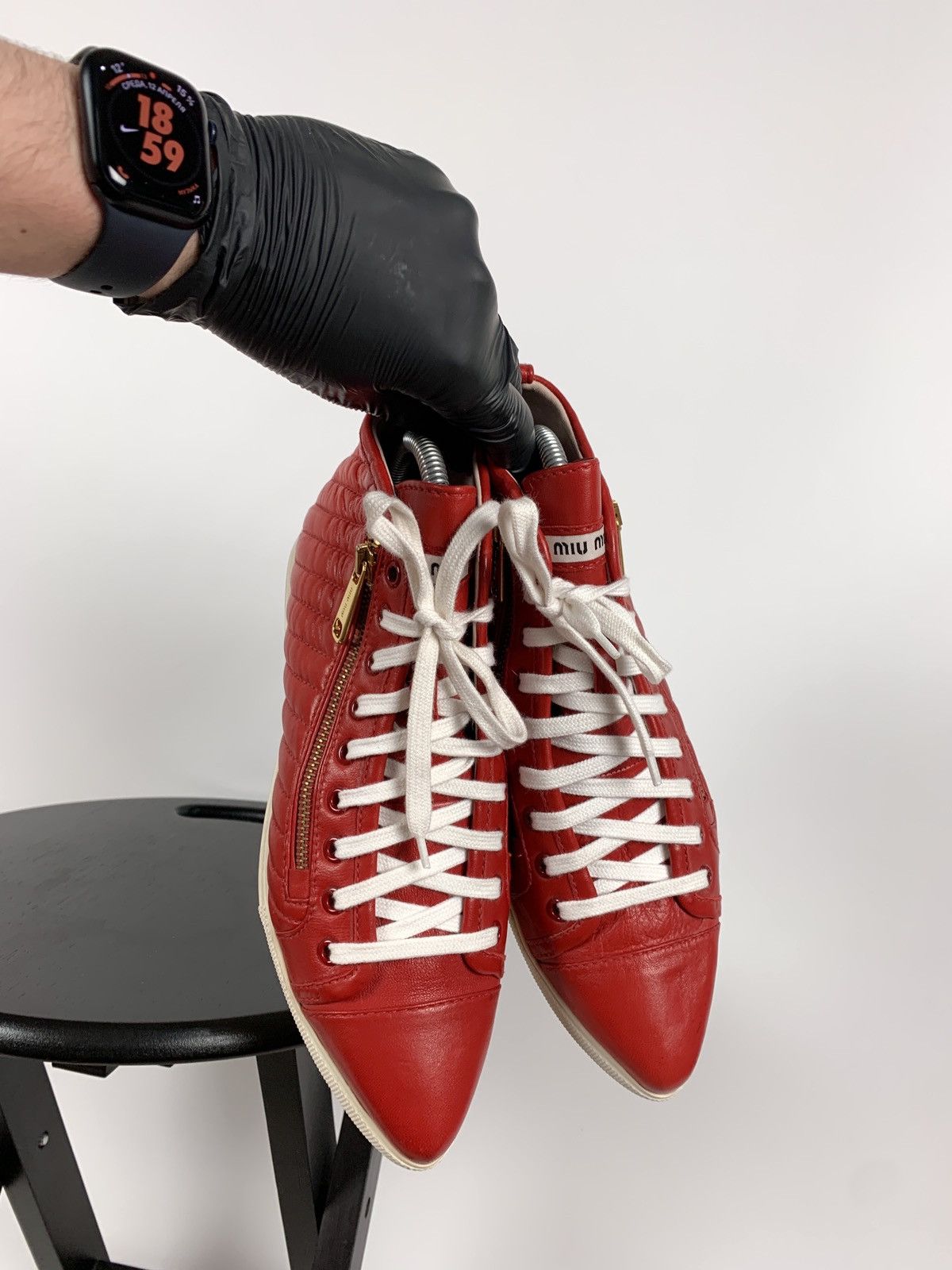 Miu Miu Miu Miu Quilted Red Leather Hi Top Sneakers Size US 7.5 / IT 37.5 - 8 Thumbnail