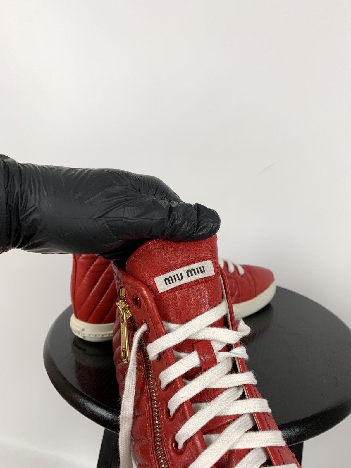 Miu Miu Miu Miu Quilted Red Leather Hi Top Sneakers Size US 7.5 / IT 37.5 - 20 Thumbnail