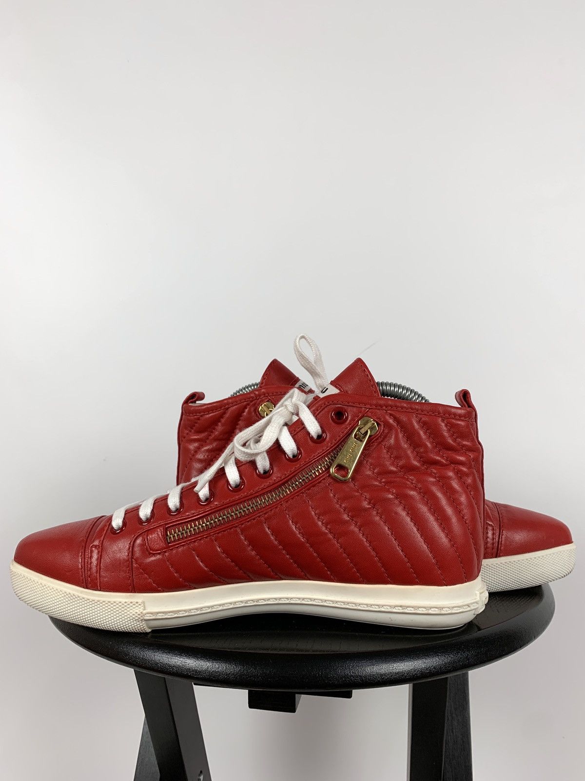 Miu Miu Miu Miu Quilted Red Leather Hi Top Sneakers Size US 7.5 / IT 37.5 - 6 Thumbnail