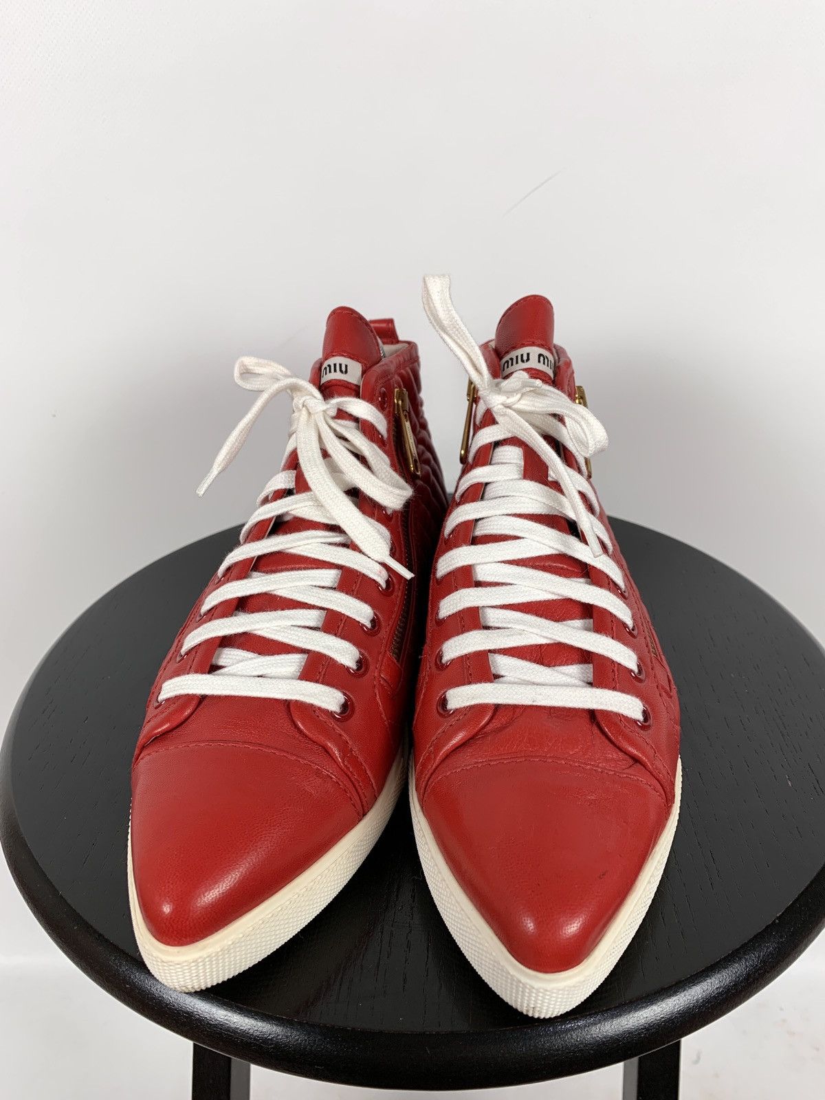Miu Miu Miu Miu Quilted Red Leather Hi Top Sneakers Size US 7.5 / IT 37.5 - 4 Thumbnail