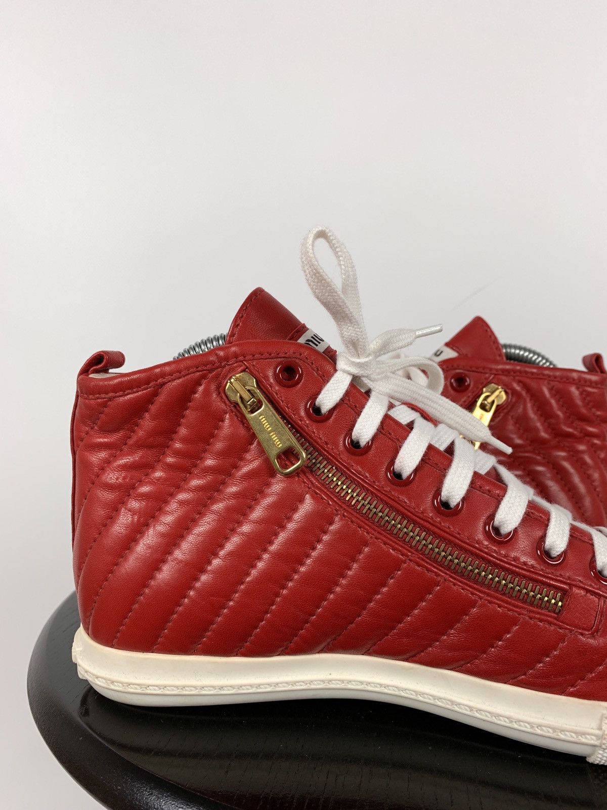 Miu Miu Miu Miu Quilted Red Leather Hi Top Sneakers Size US 7.5 / IT 37.5 - 14 Thumbnail