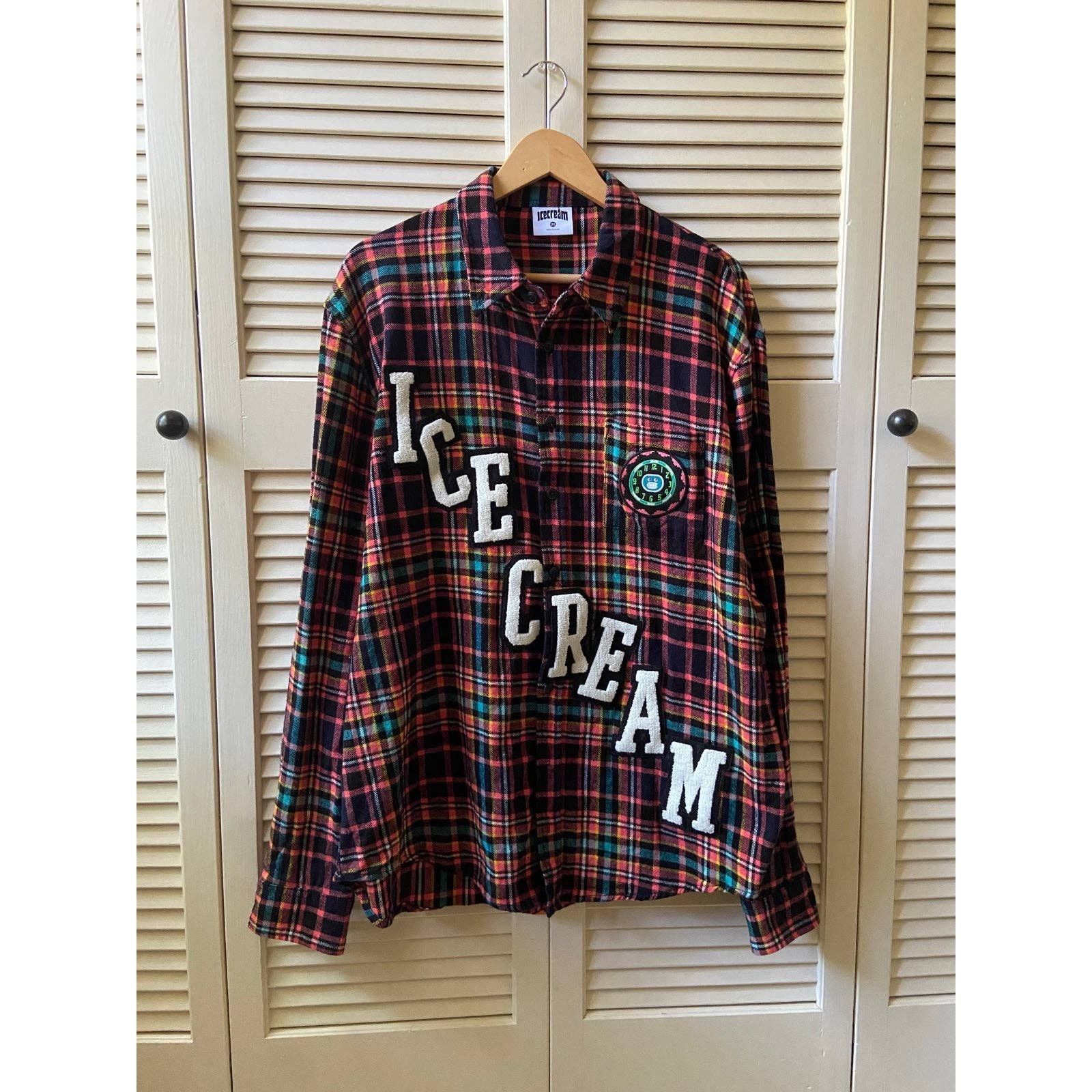 Image of Icecream Felt Spell Out Plaid Button Up Long sleeve Shirt Pharrell in Red, Men's (Size 2XL)