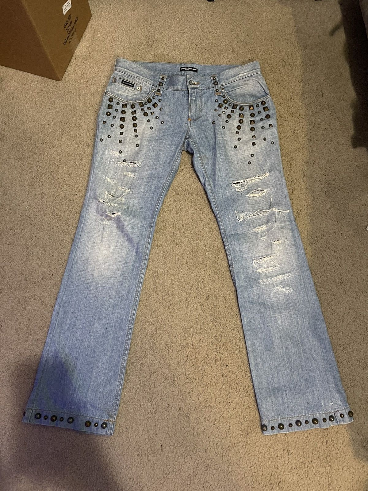 image of Dolce Gabbana F/w ‘03 Studded Distressed Denim in Blue, Men's (Size 34)