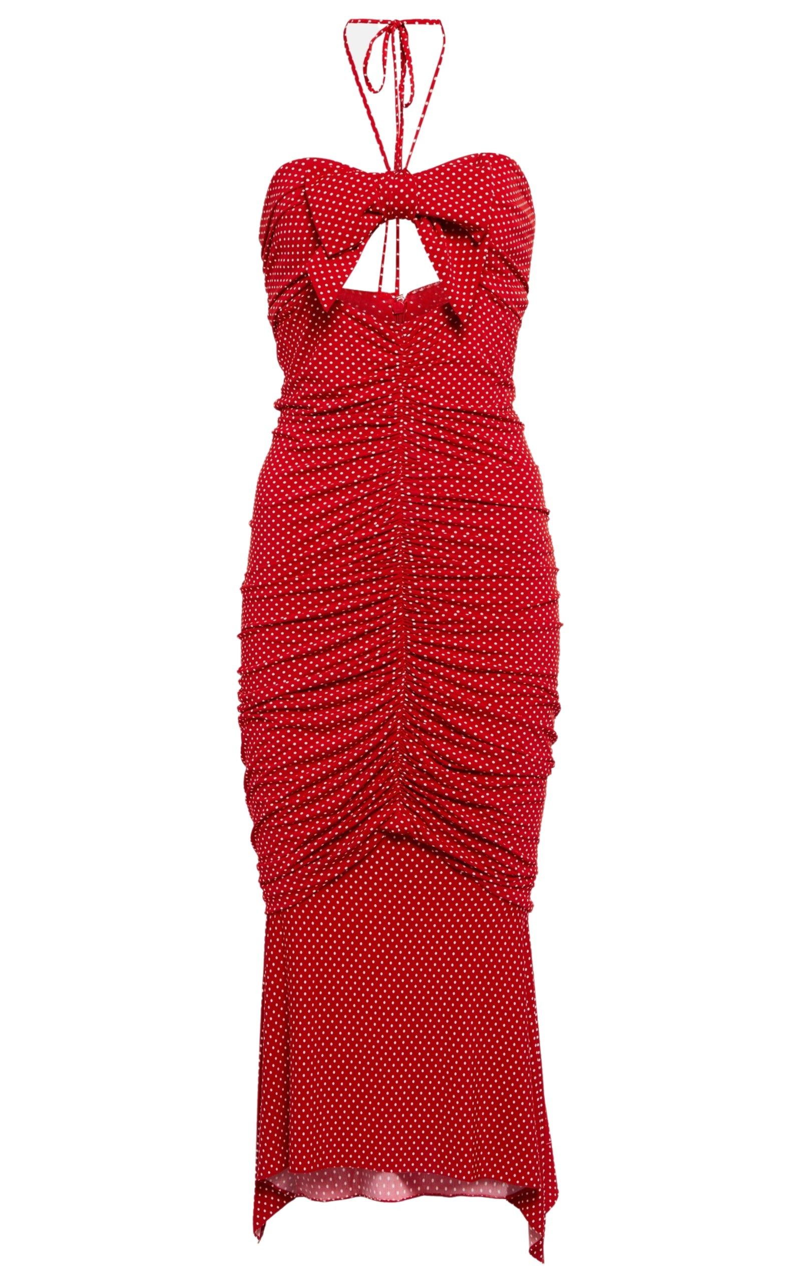 Ruched Polka Dot Halter Sheath Dress