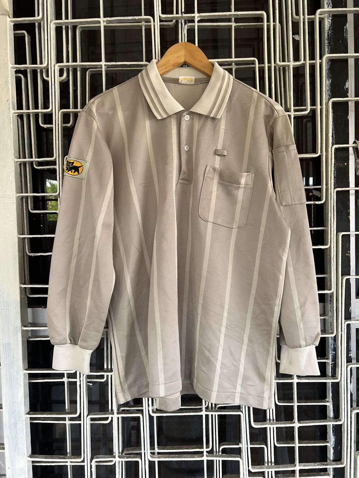 image of Vintage Yamato Transport Longsleeve Polos in Grey Cream, Men's (Size Large)