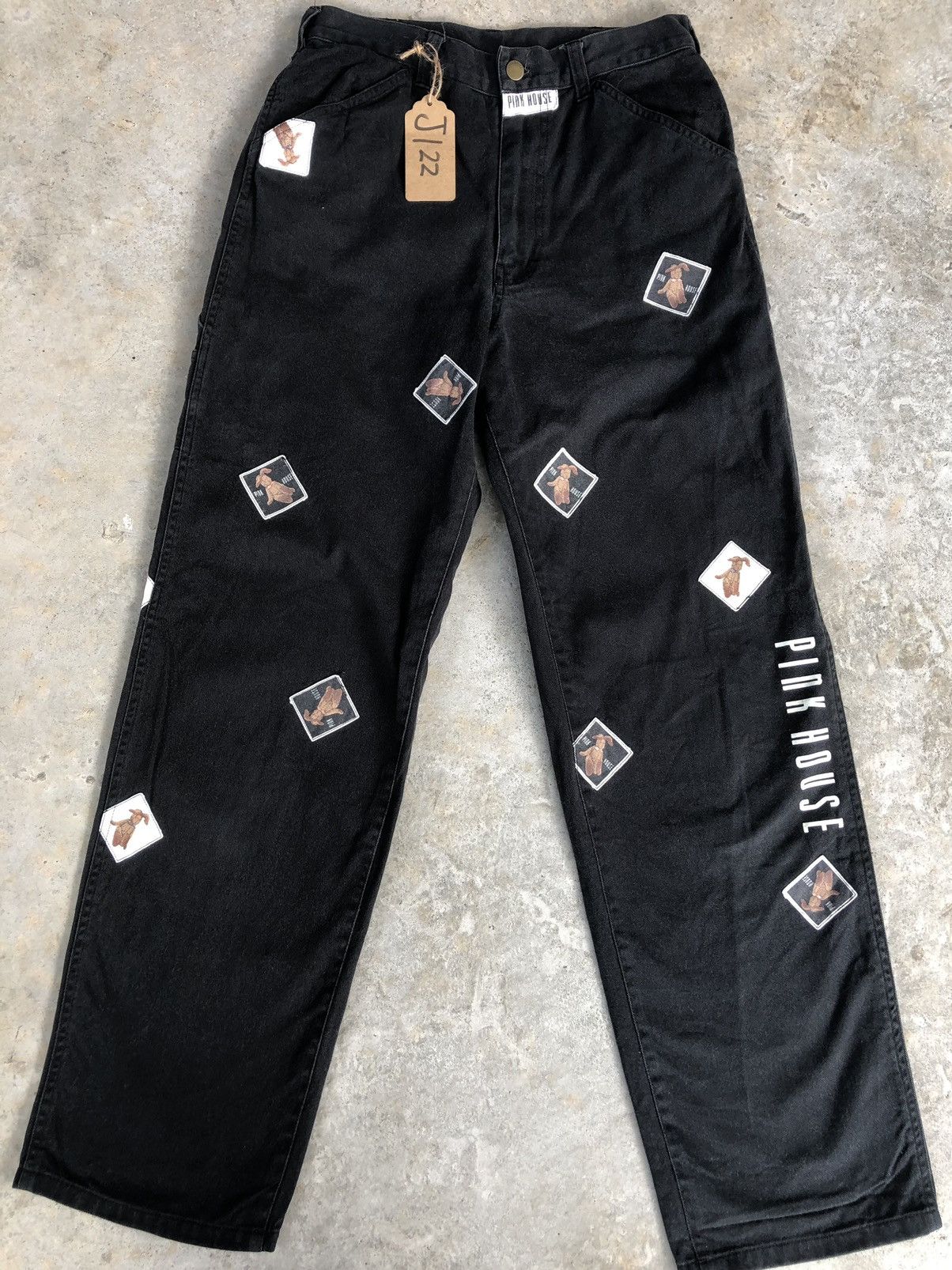 image of Pink House Patched Embroidered Carpenter Pants Baggy in Black, Men's (Size 28)