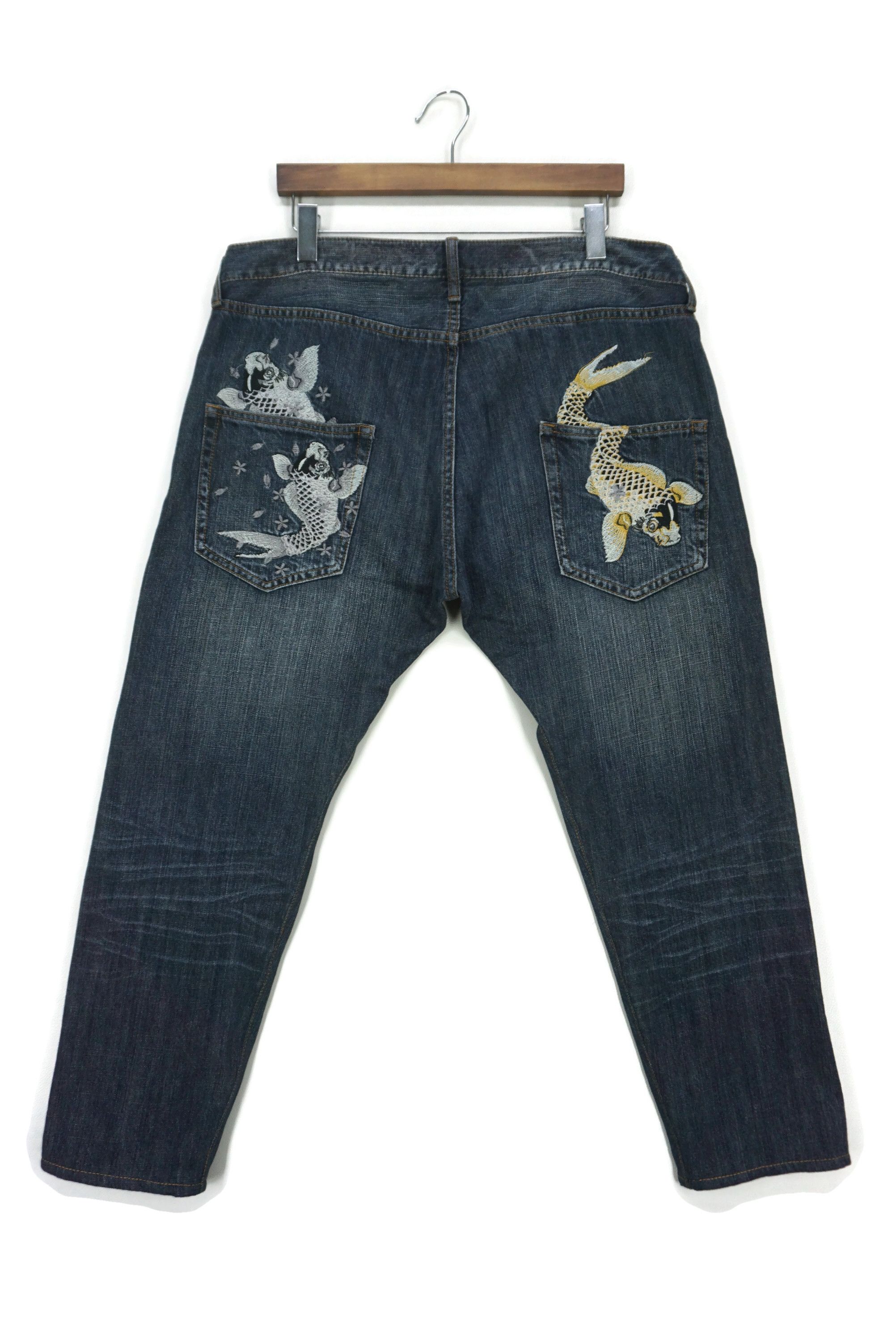 image of Rockers Koi Embroidered Capri Jeans Sukajan Fish Art Embellished in Blue, Men's (Size 39)