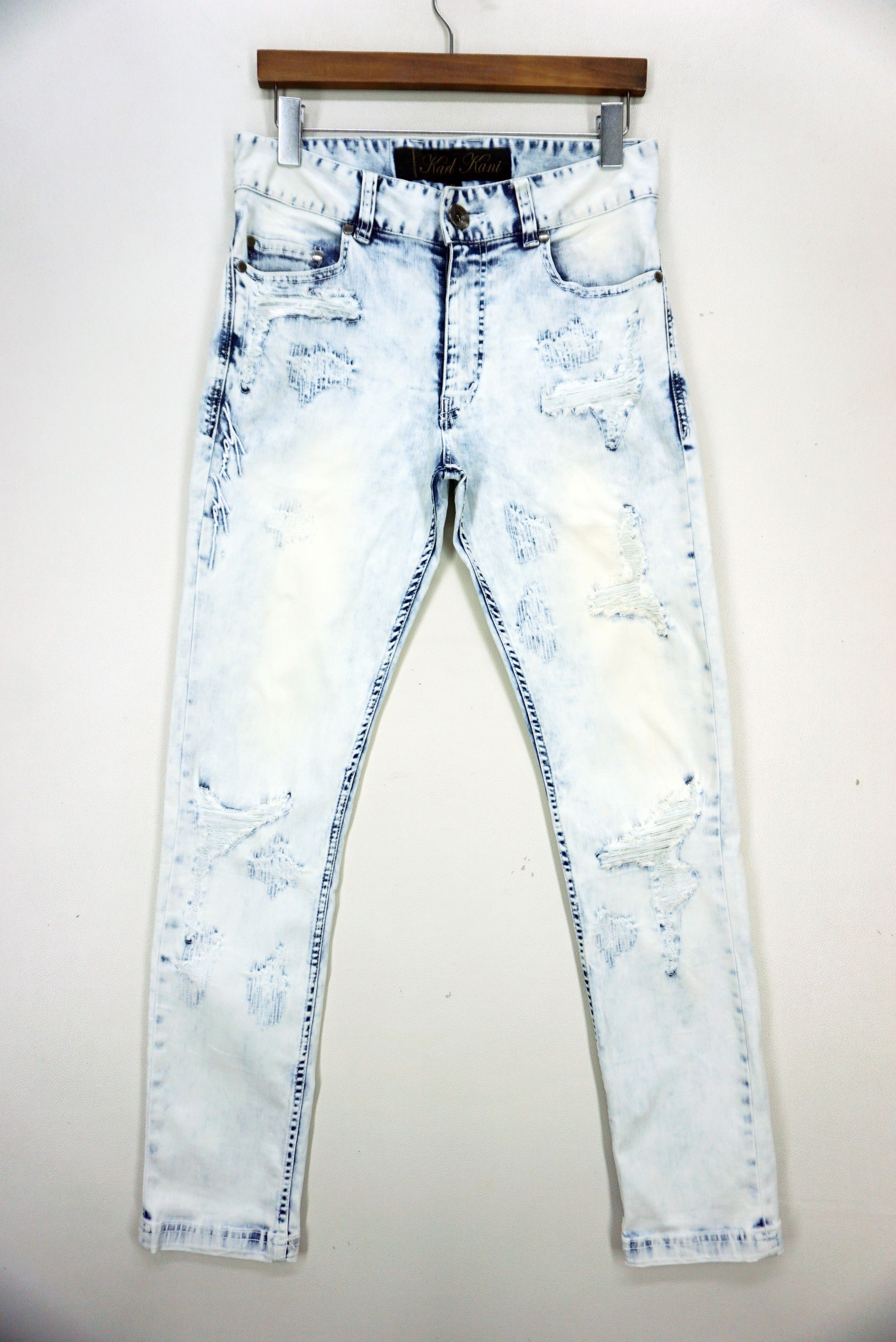 image of Distressed Denim x Karl Kani Skinny Jeans Hip Hop Skateboards Distressed Pants in Blue (Size 30)