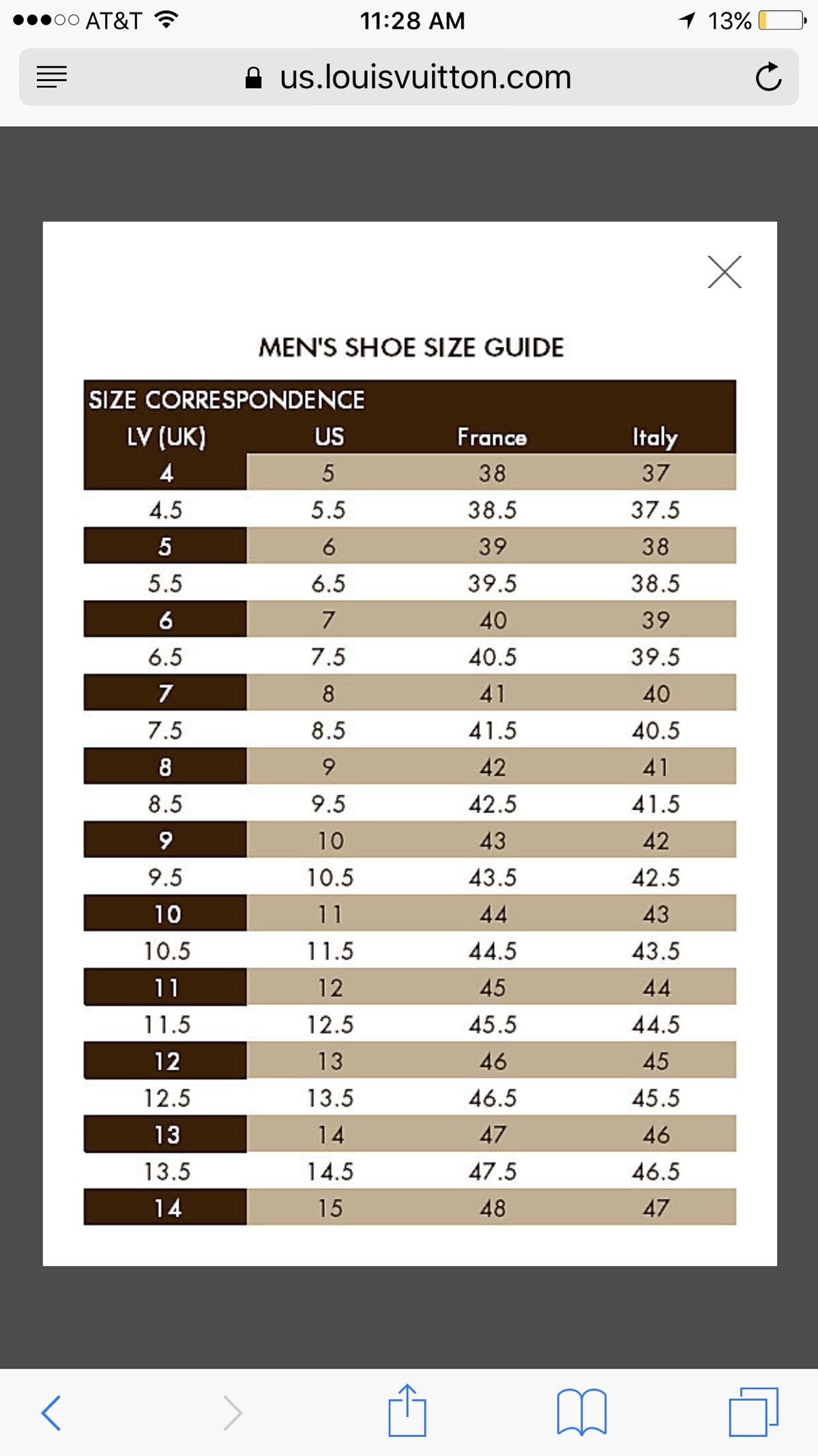 Louis vuitton size chart women's shoes store
