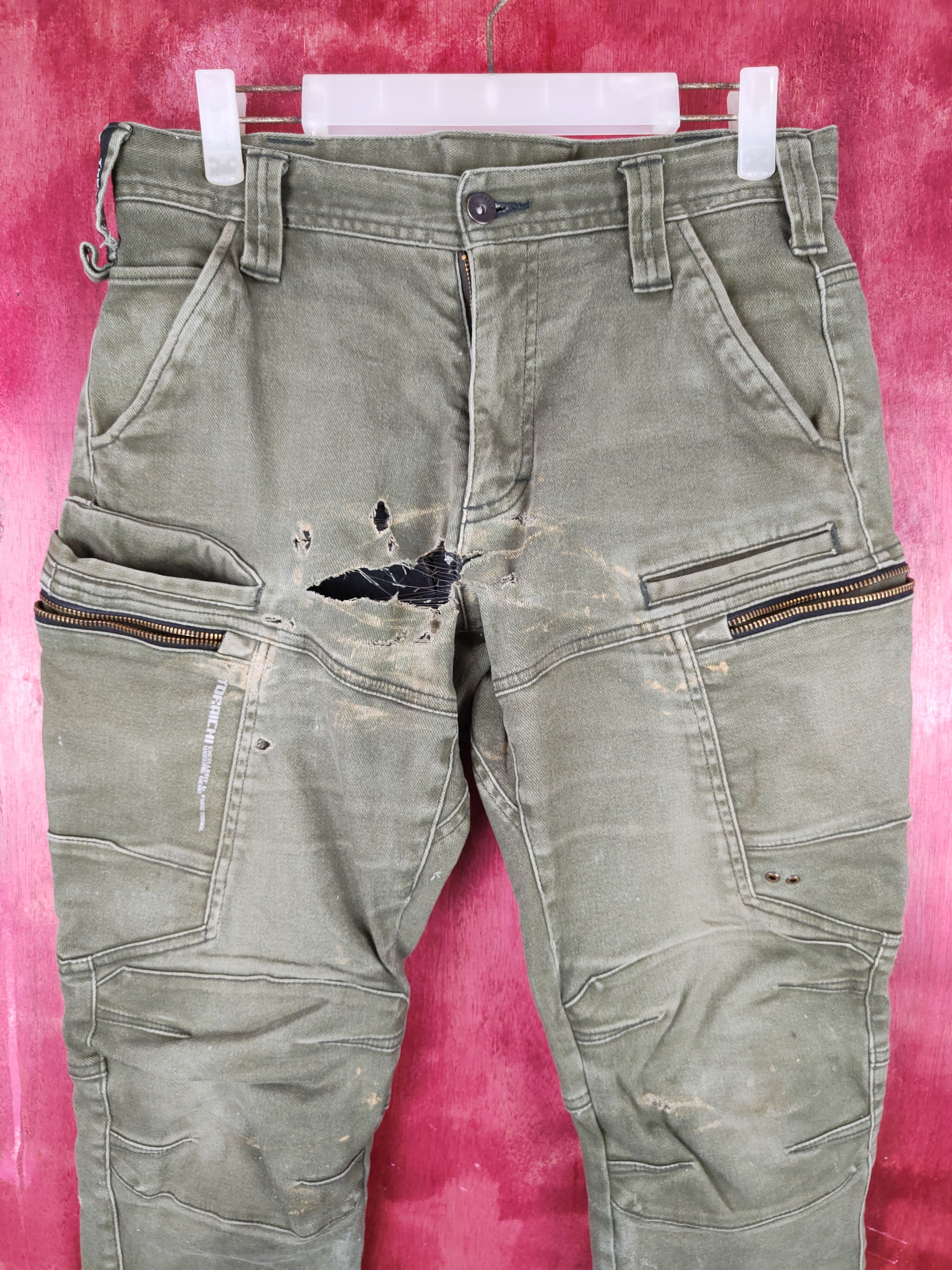 Japanese Brand Tora-Toraichi Olive Ripped Multipocket Cargo Pants #S815 Size US 30 / EU 46 - 2 Thumbnail