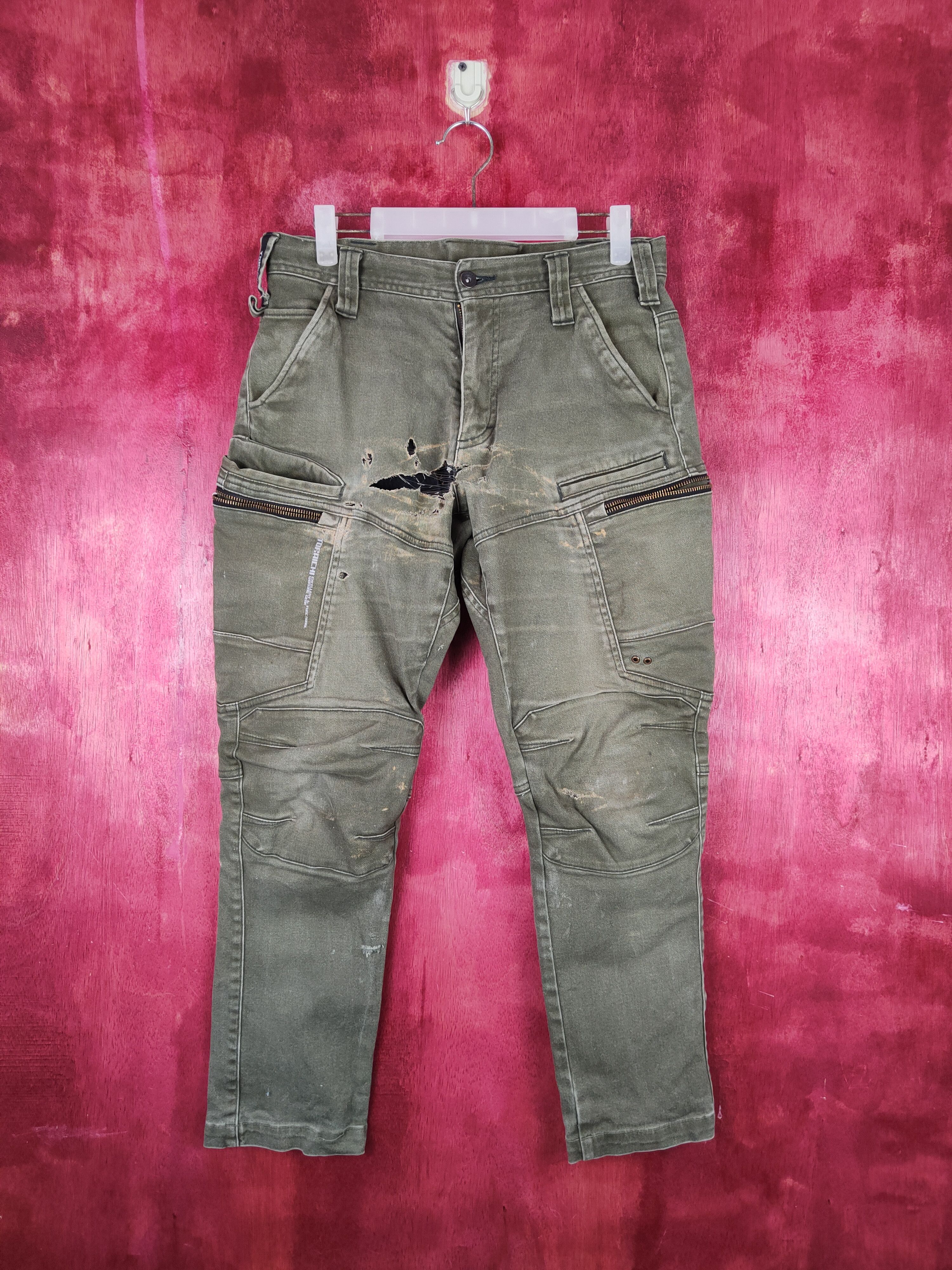 Japanese Brand Tora-Toraichi Olive Ripped Multipocket Cargo Pants #S815 Size US 30 / EU 46 - 1 Thumbnail
