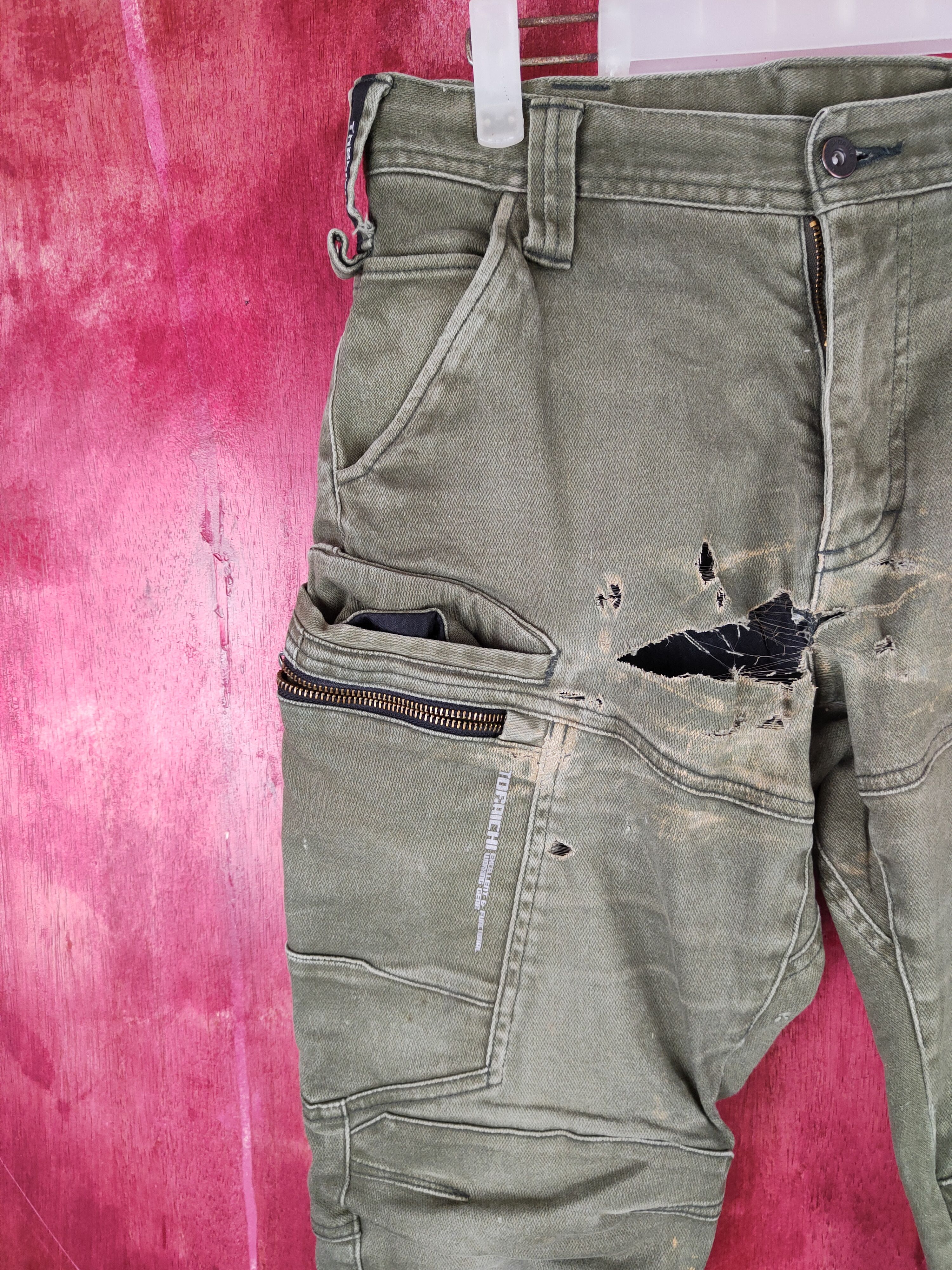 Japanese Brand Tora-Toraichi Olive Ripped Multipocket Cargo Pants #S815 Size US 30 / EU 46 - 6 Thumbnail