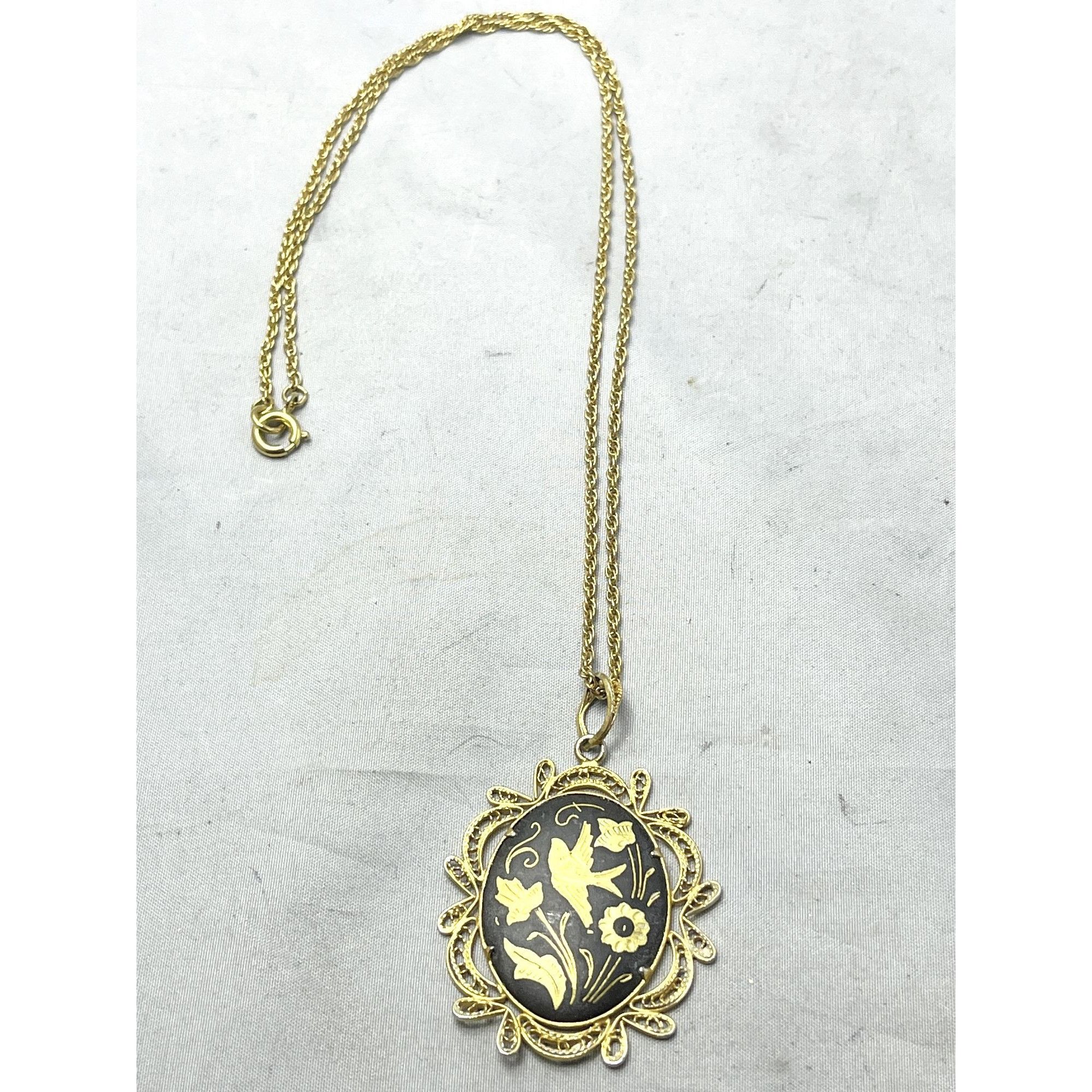 Vintage Damascene Bird Flower Necklace
