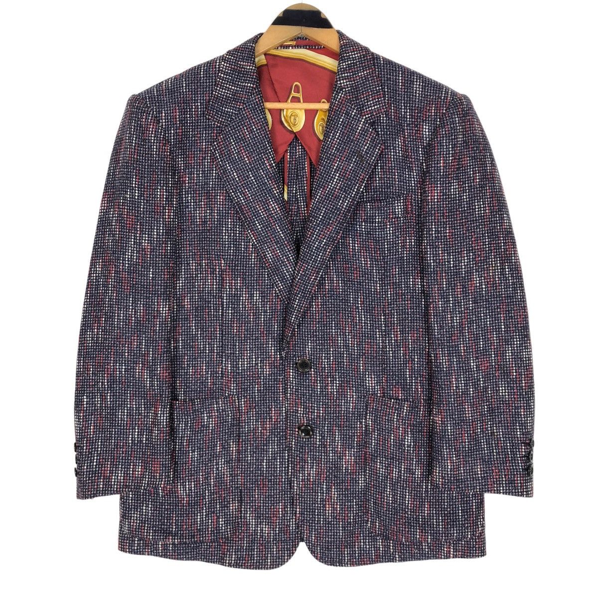image of Italian Designers x Trussardi Vintage Trussardi Single Breasted Wool Tweed Coat in Navy Blue/Red/Ma