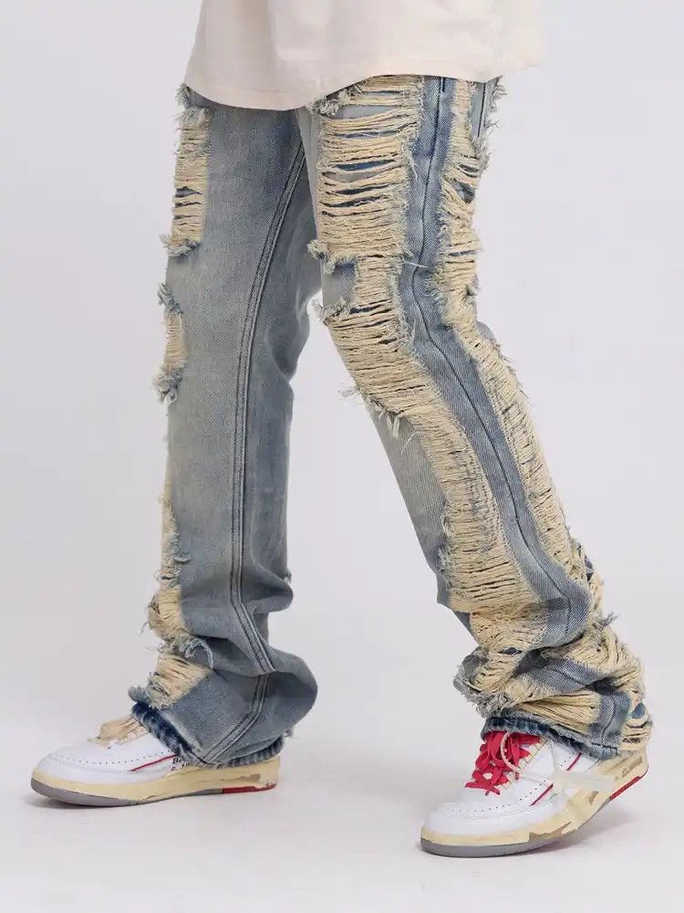 Distressed Detail Ripped Denim Flared Pants