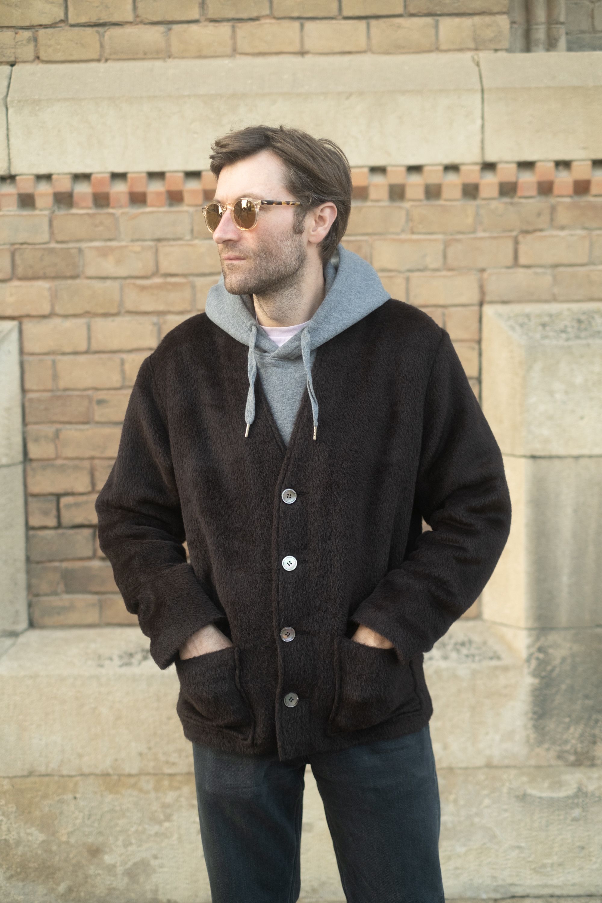 image of Designer Chocolate Brown Hairy Italian Wool Cardigan Size M Deadstock, Men's