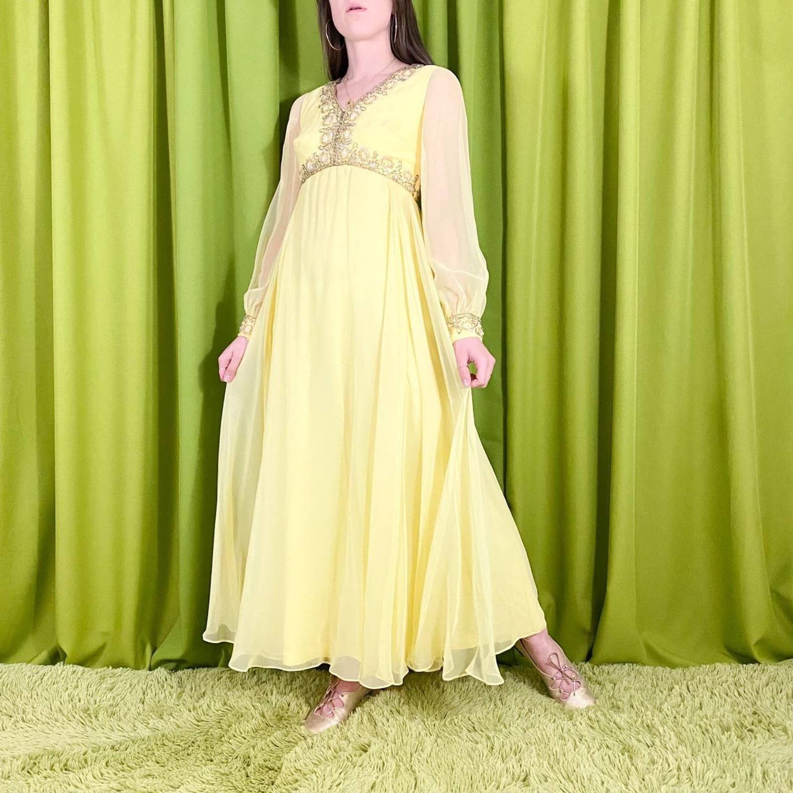 60s Vintage Yellow Sheer Bishop Sleeve Beaded Party Dress