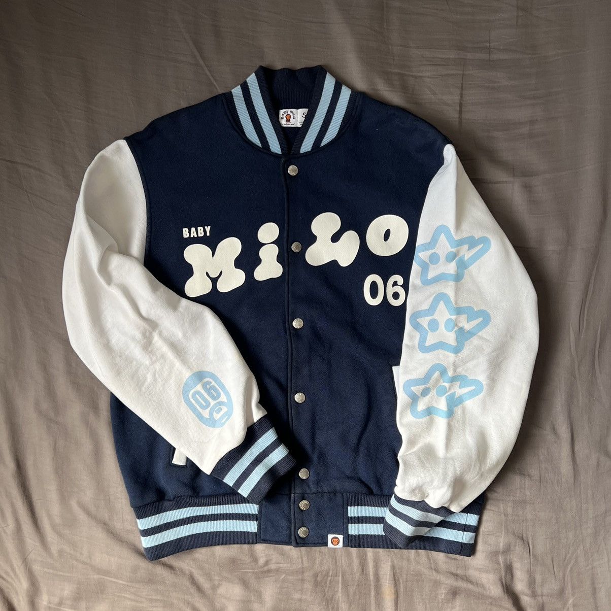 image of Bape Baby Milo Sweat Varsity Jacket (Fw2006) in Navy, Men's (Size Small)
