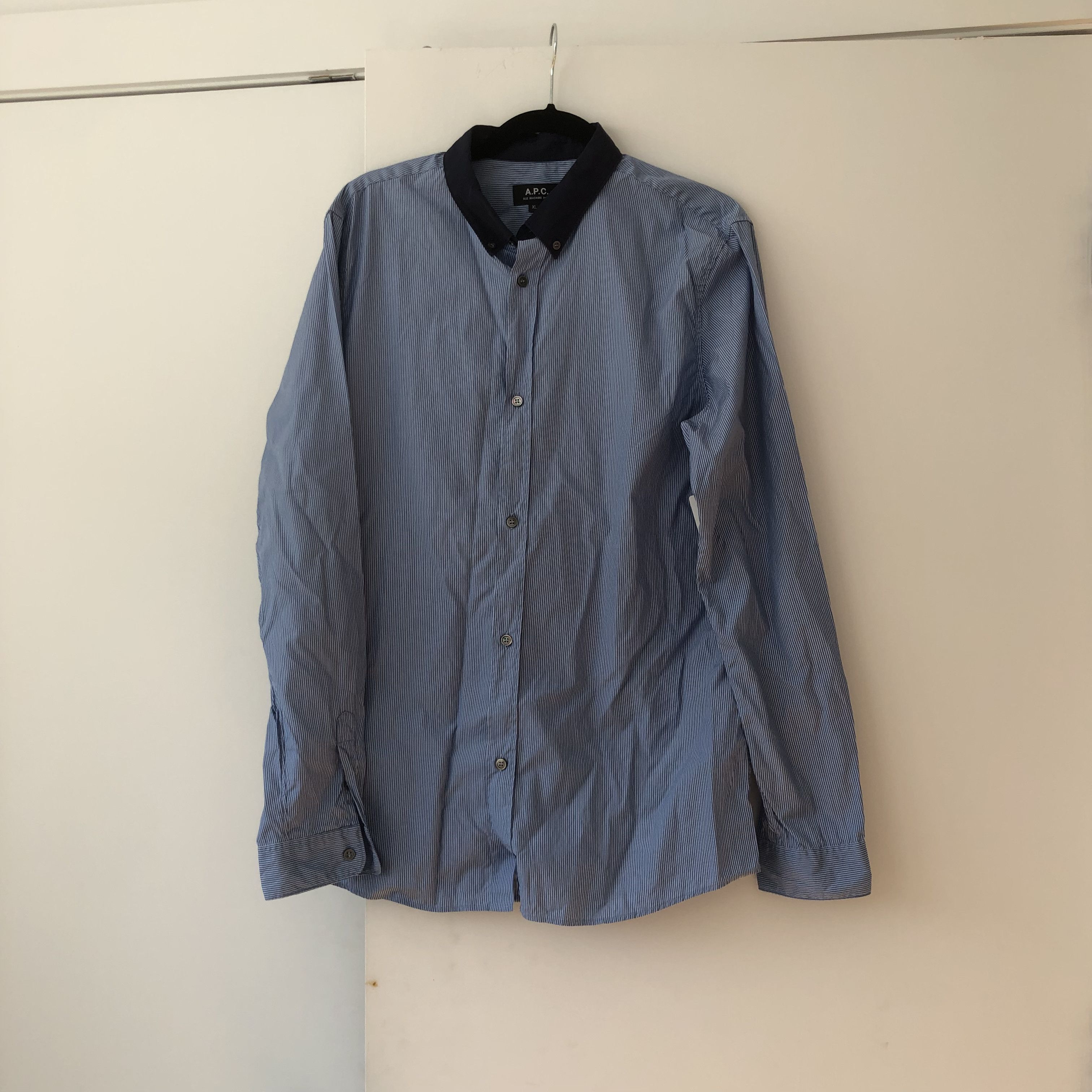 image of A P C Striped Button Up in Blue, Men's (Size XL)