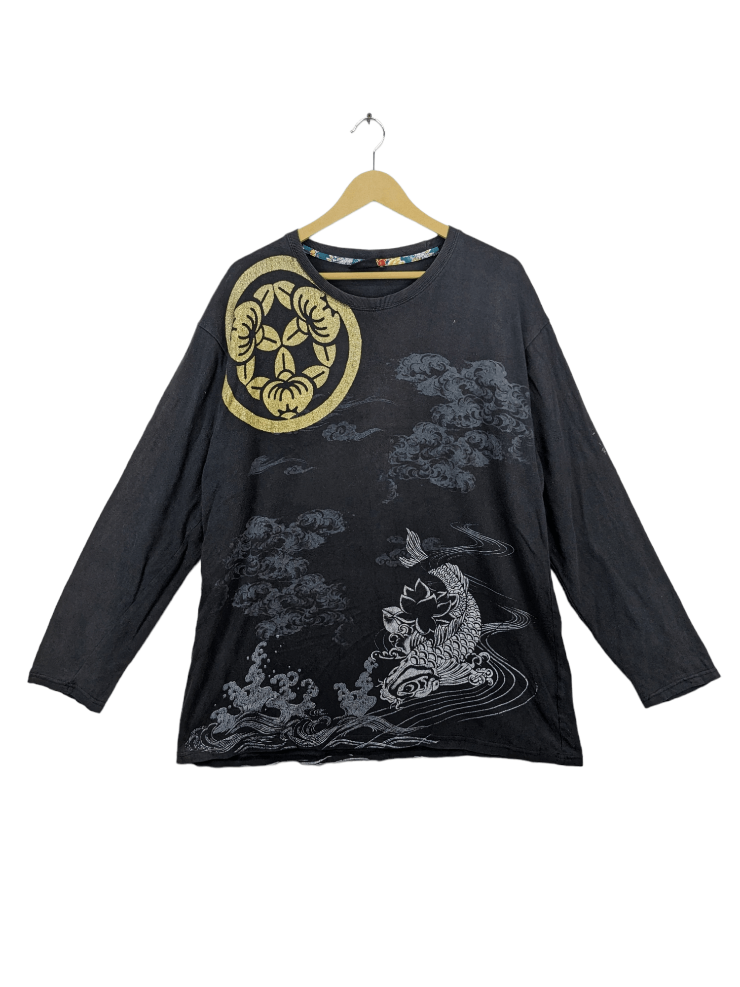 image of Sukajan T Shirts x Vintage Sukajan Koi Fish Shirt Long Sleeve Bullet Noise in Faded Black (Size Lar