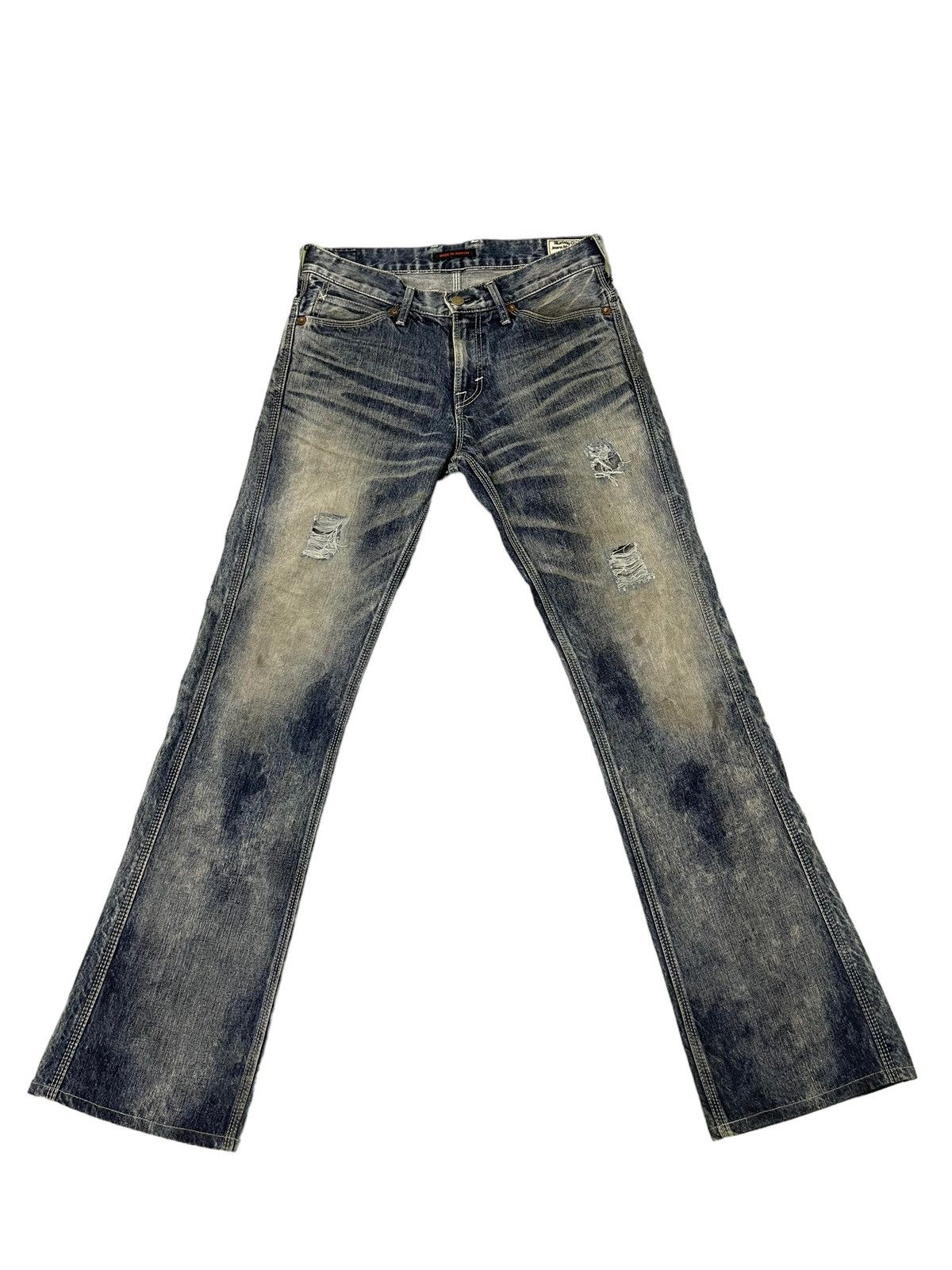 Japanese Brand Flare Jeans Blue Way Japan Distress Denim Acid Wash 6🟦 Size US 31 - 2 Thumbnail