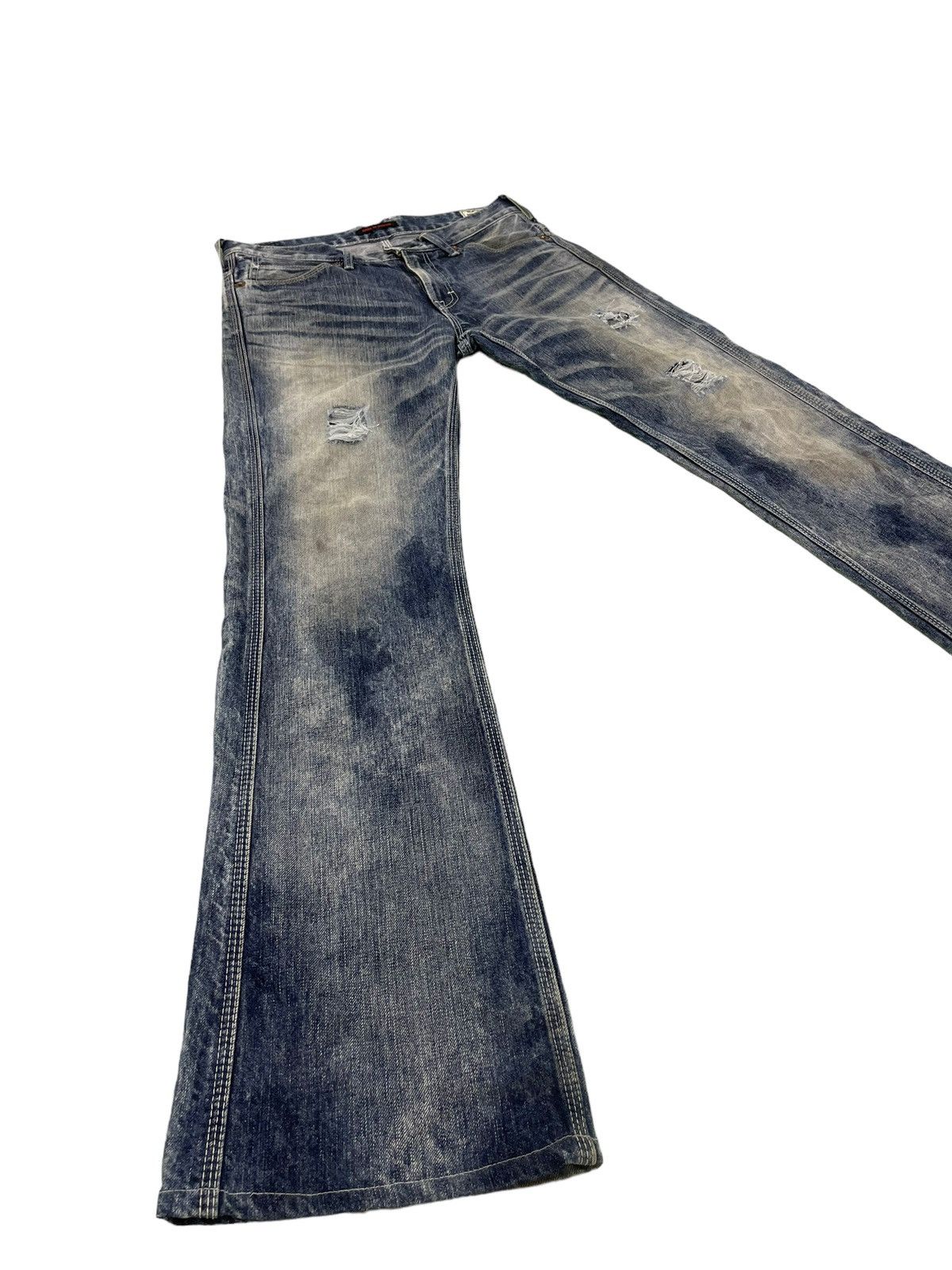Japanese Brand Flare Jeans Blue Way Japan Distress Denim Acid Wash 6🟦 Size US 31 - 1 Thumbnail