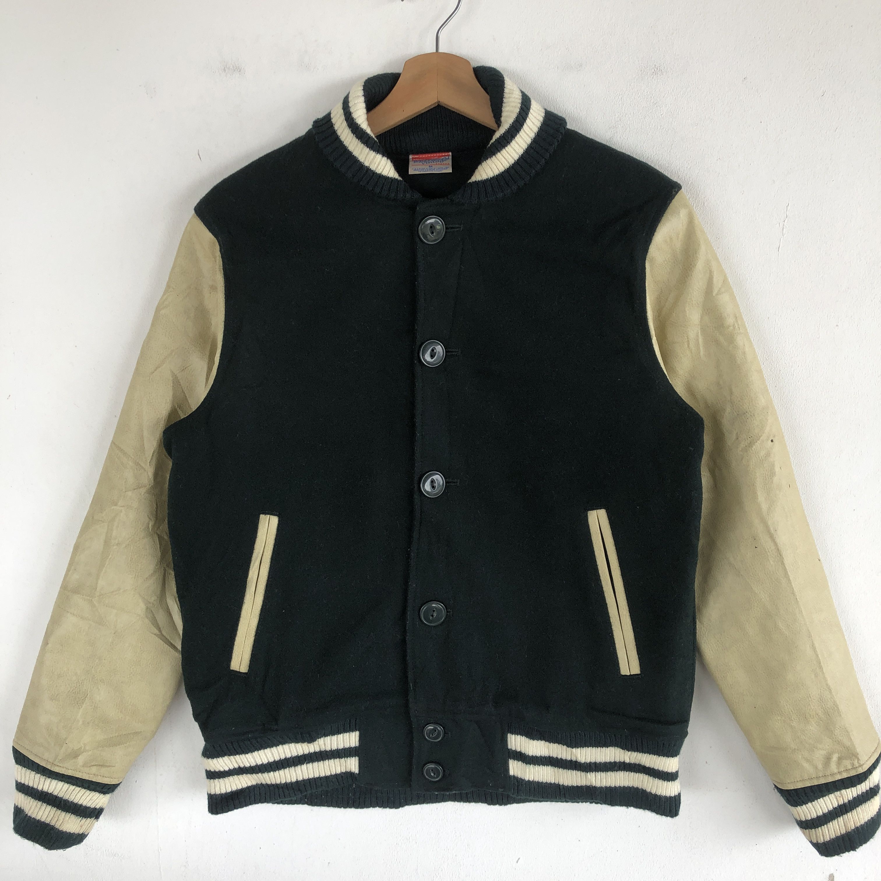 Vintage Japanese Varsity Jackets Plaid Leather Wool Jacket