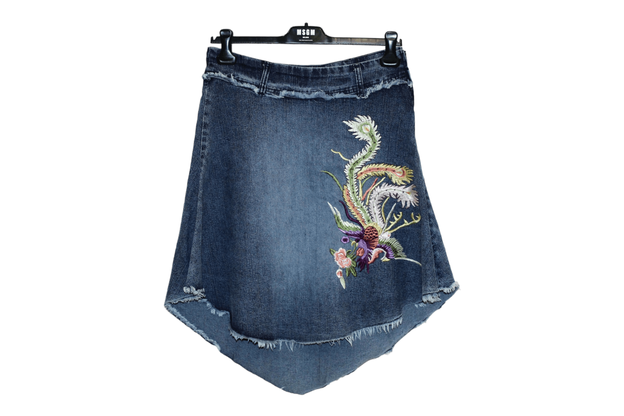 90s East of Floral Embroid Distressed Faded Denim Skirt