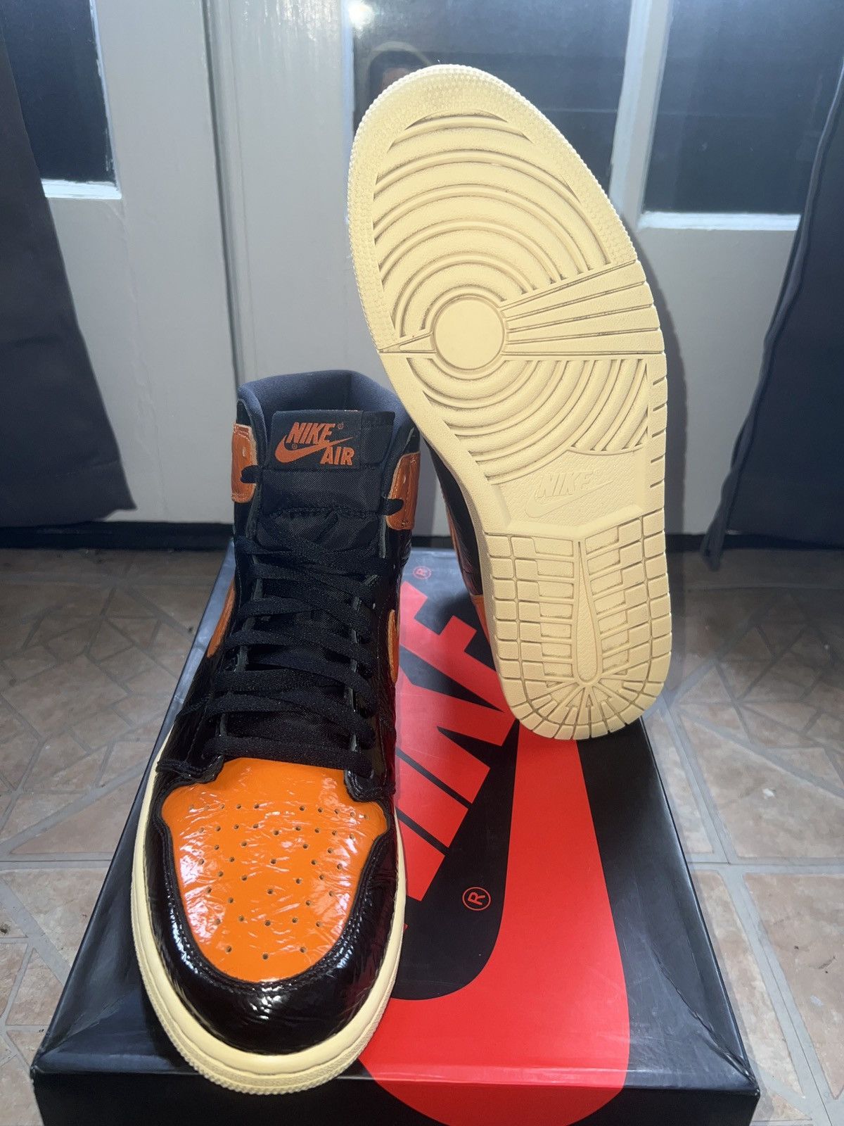 image of Jordan Brand 1 High Shattered Backboard 3.0 Shoes in Black/White/Orange, Men's (Size 13)