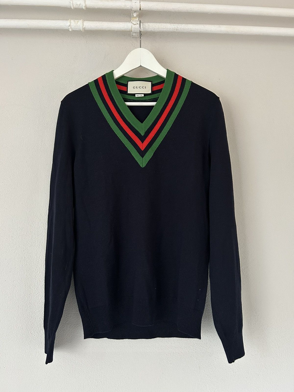 Image of Wool V-Neck Sweater With Gucci Web in Navy, Men's (Size Small)