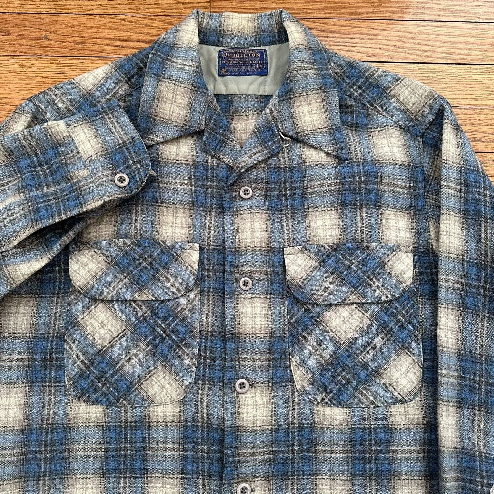Vintage 60s Pendleton Blue Plaid Wool Board Shirt