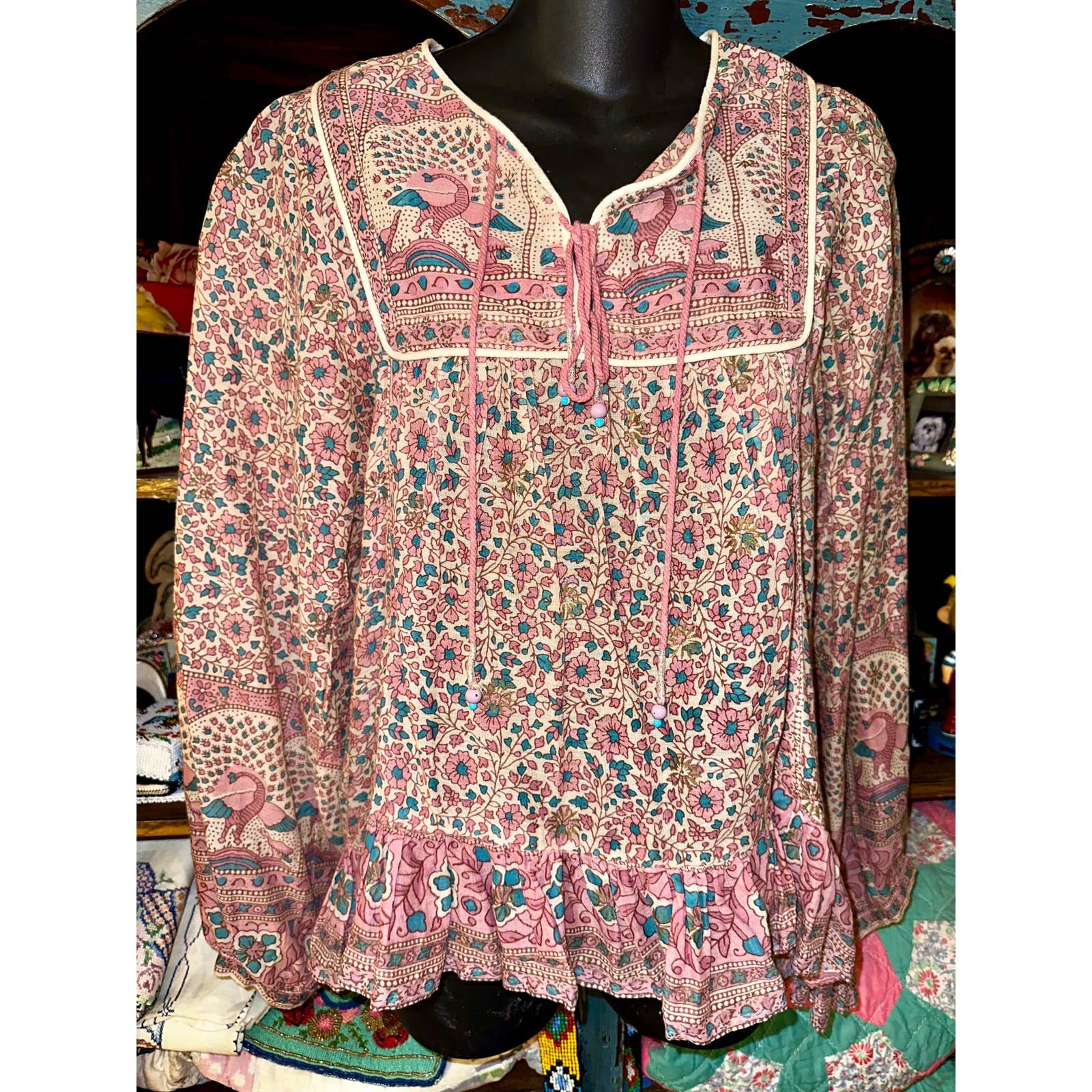 NWOT RAGA PEACOCKS BOHO HIPPIE PRINT RUFFLE HI LOW TOP