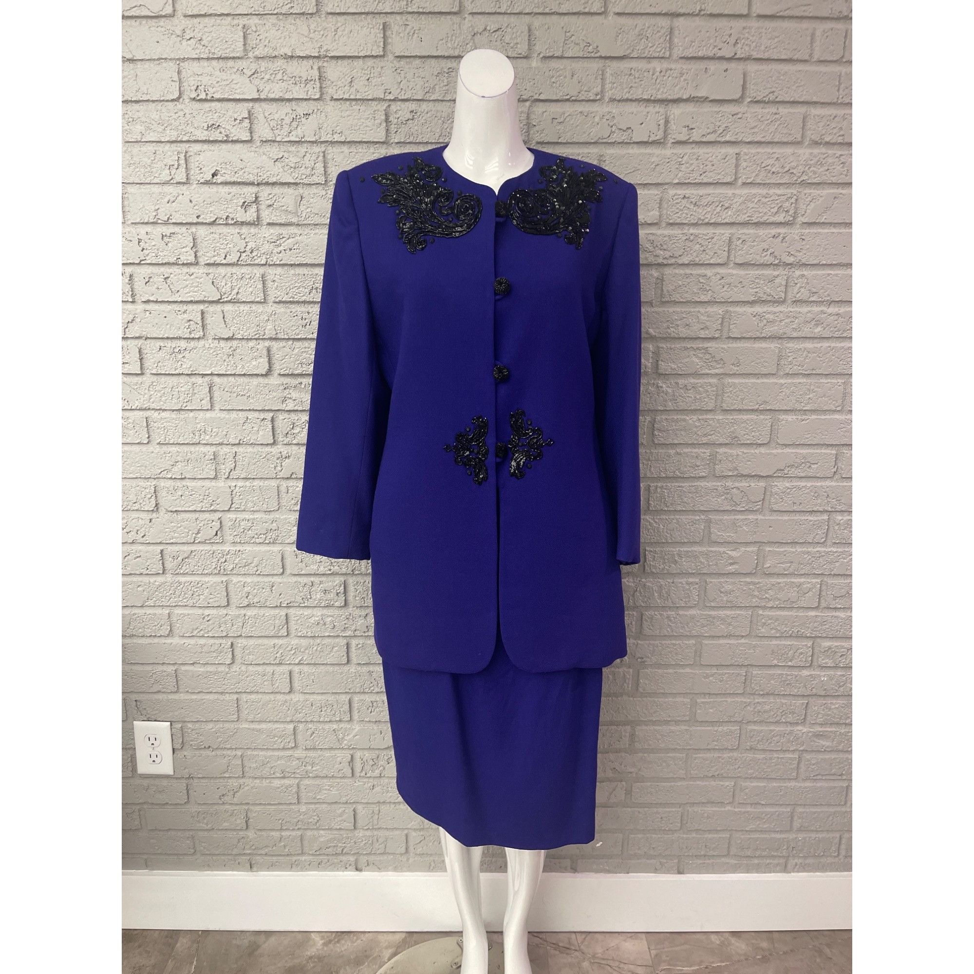 John Meyer John Meyer Purple Wool Skirt Suit With Black Beaded Detail ...