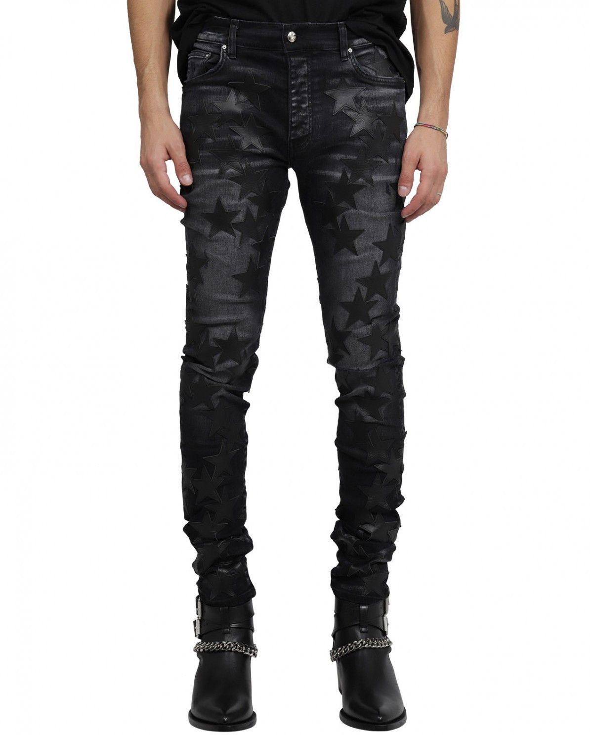 New Amiri + Chemist skinny-fit jeans with leather stars
